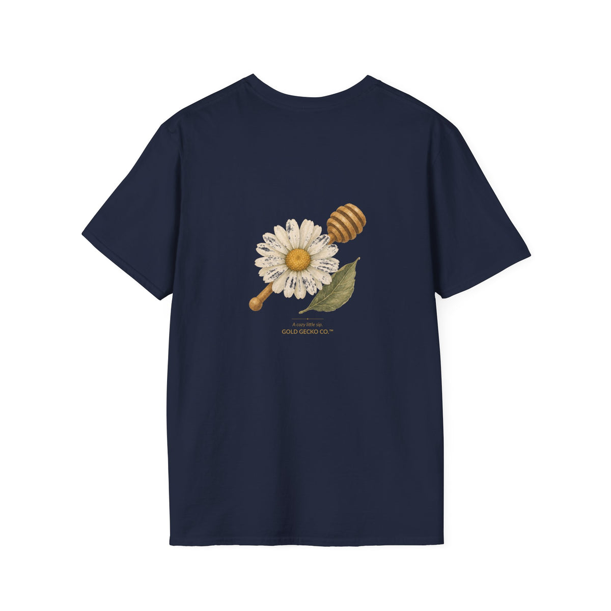 Tea Time Gecko cottagecore watercolor T-shirt from Gold Gecko Co. — gecko sipping from a floral teacup among daisies and lavender.