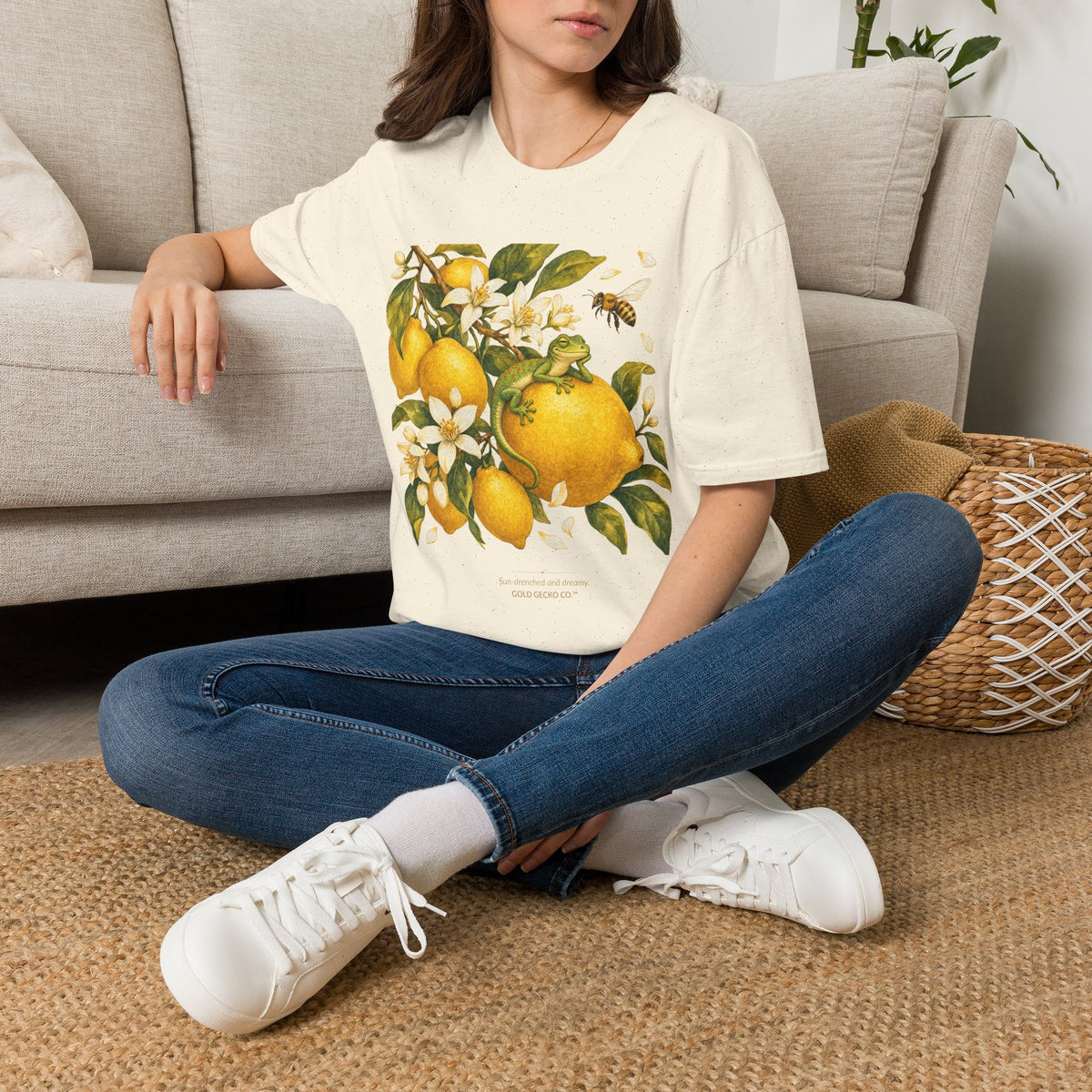 Citrus Grove Gecko cottagecore watercolor T-shirt from Gold Gecko Co. — gecko in a sunlit Mediterranean citrus grove of lemons and oranges.