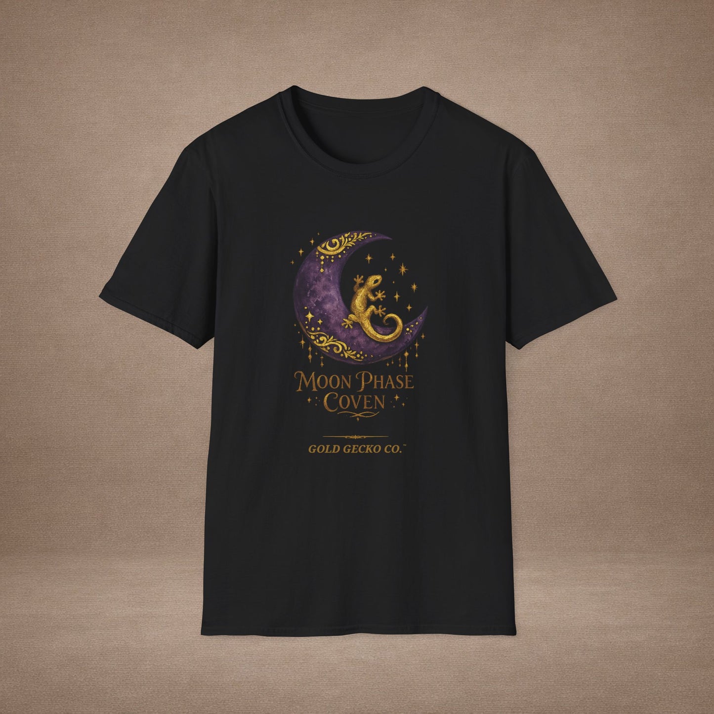 Moon Phase Coven gecko t-shirt with Coven Banner back — Gold Gecko Co. Moon & Mystic collection