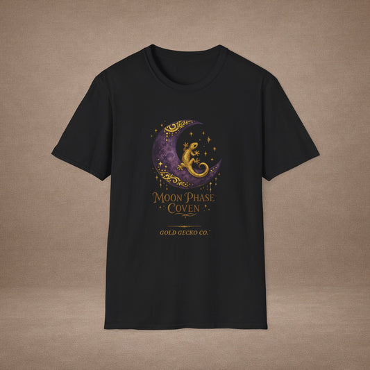 Moon Phase Coven gecko t-shirt with Coven Banner back — Gold Gecko Co. Moon & Mystic collection