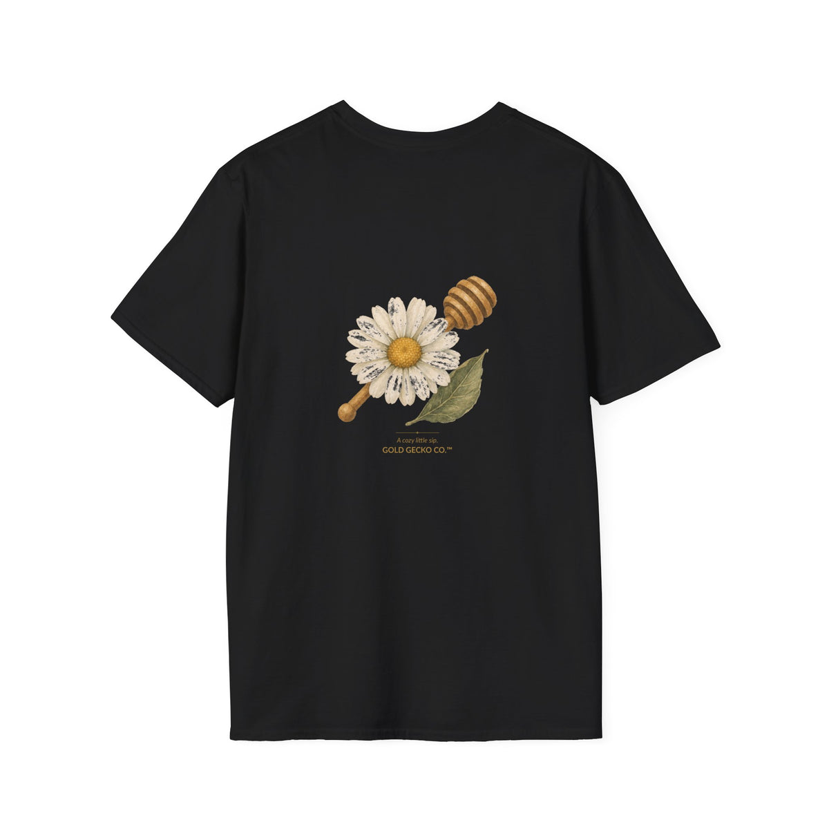 Tea Time Gecko cottagecore watercolor T-shirt from Gold Gecko Co. — gecko sipping from a floral teacup among daisies and lavender.