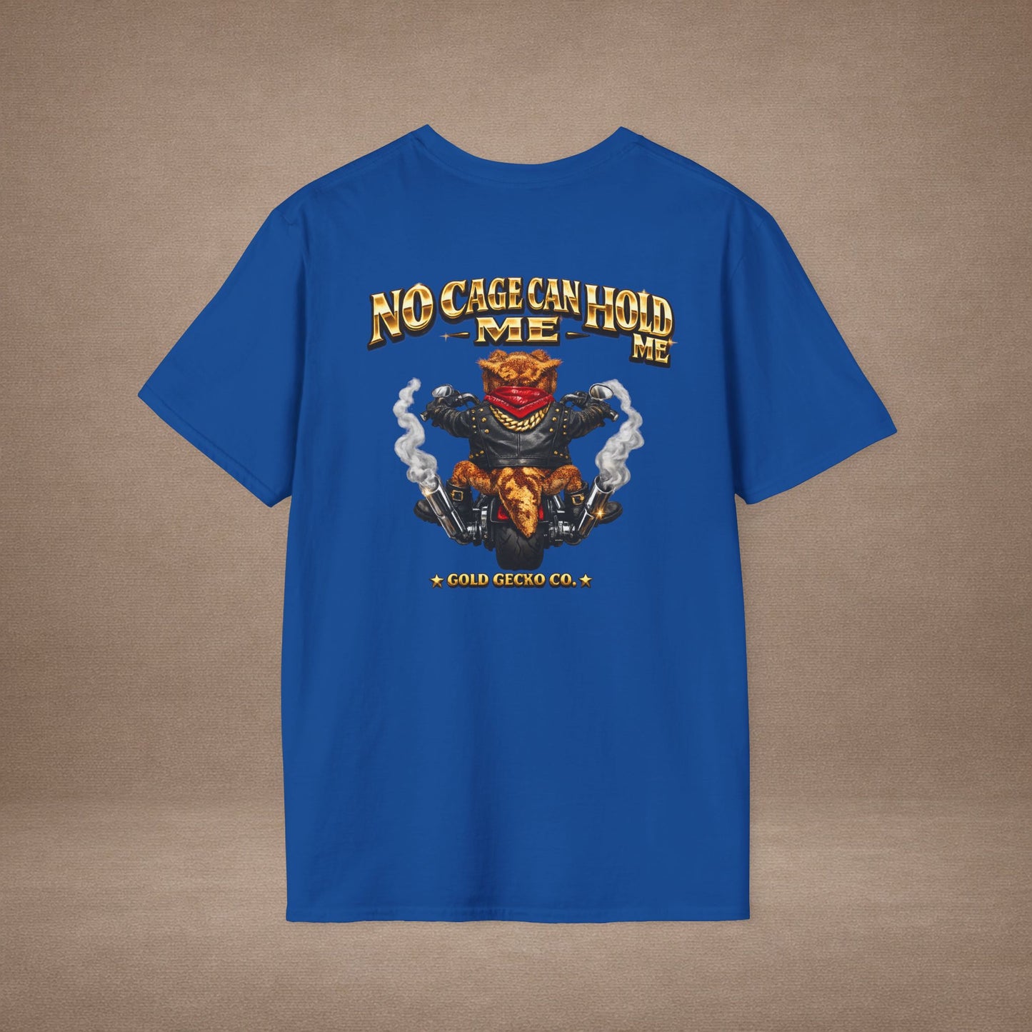 DESIGN #37 No Cage Can Hold Me — Chopper Gecko Tee (Front & Back) Gold Lettering