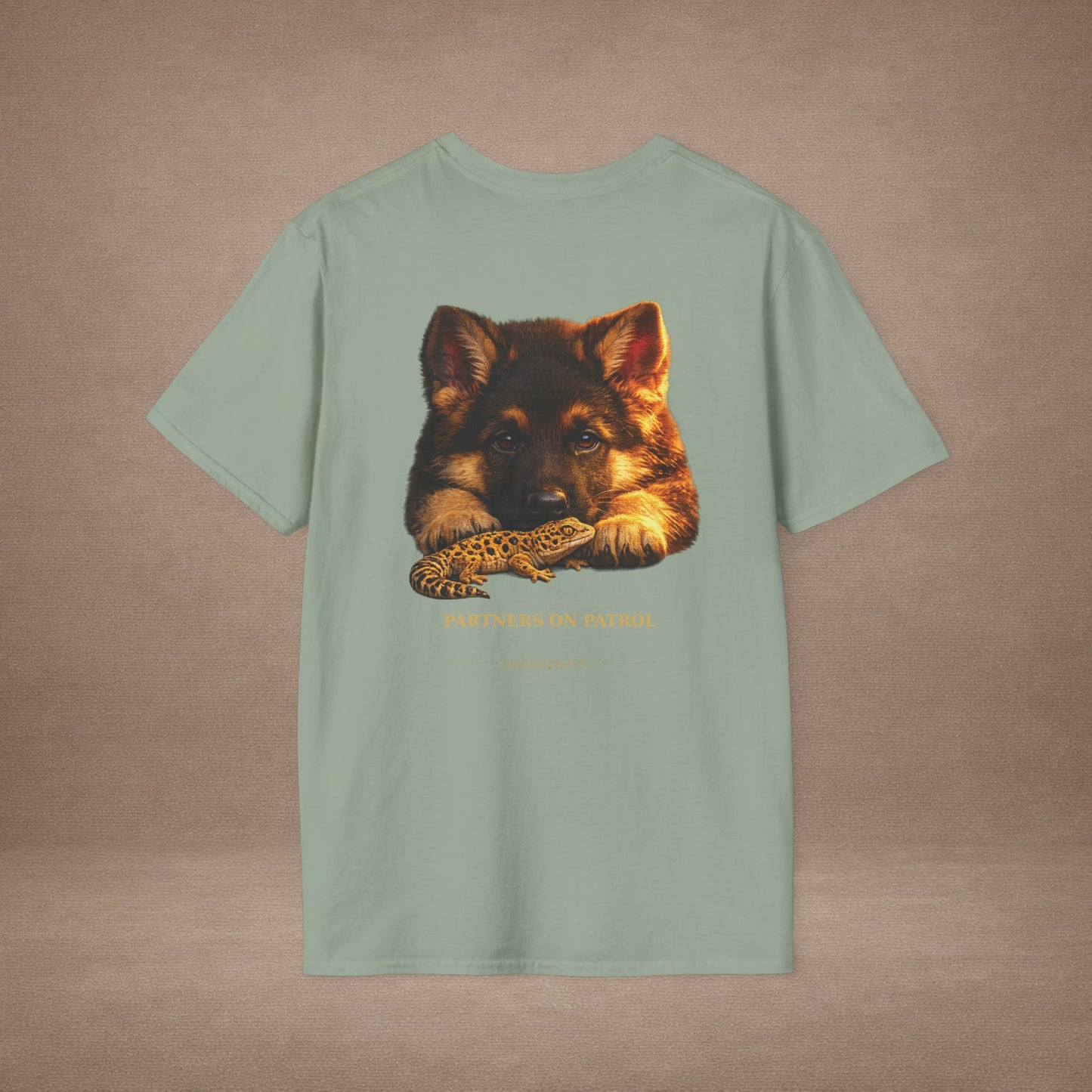 German Shepherd — Partners On Patrol — cinematic photoreal portraits of beloved dog breeds paired w. Gold Gecko Co. Puppies & Geckos collection.