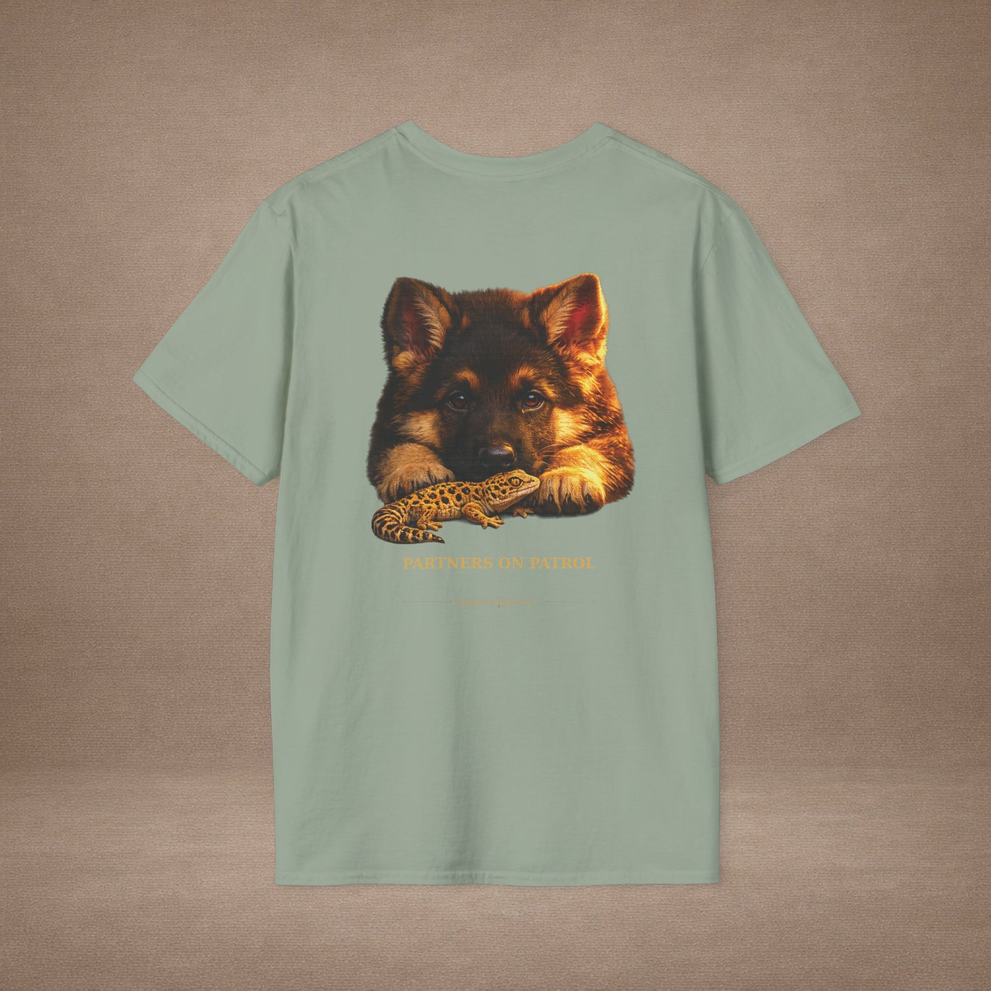 German Shepherd — Partners On Patrol — cinematic photoreal portraits of beloved dog breeds paired w. Gold Gecko Co. Puppies & Geckos collection.