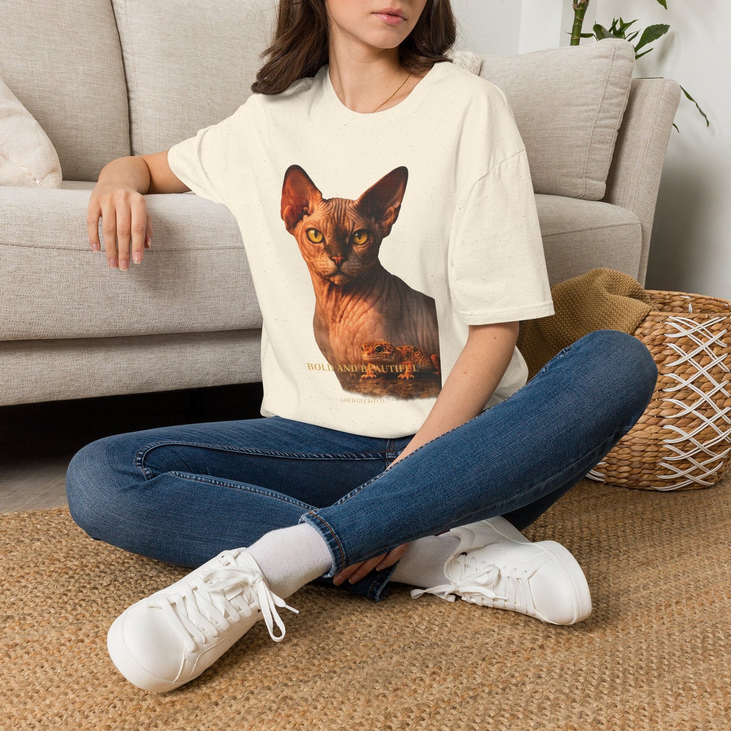 Sphynx — Bold And Beautiful — photoreal cat breed portraits paired with tiny gecko compani. Gold Gecko Co. Cats & Geckos collection.