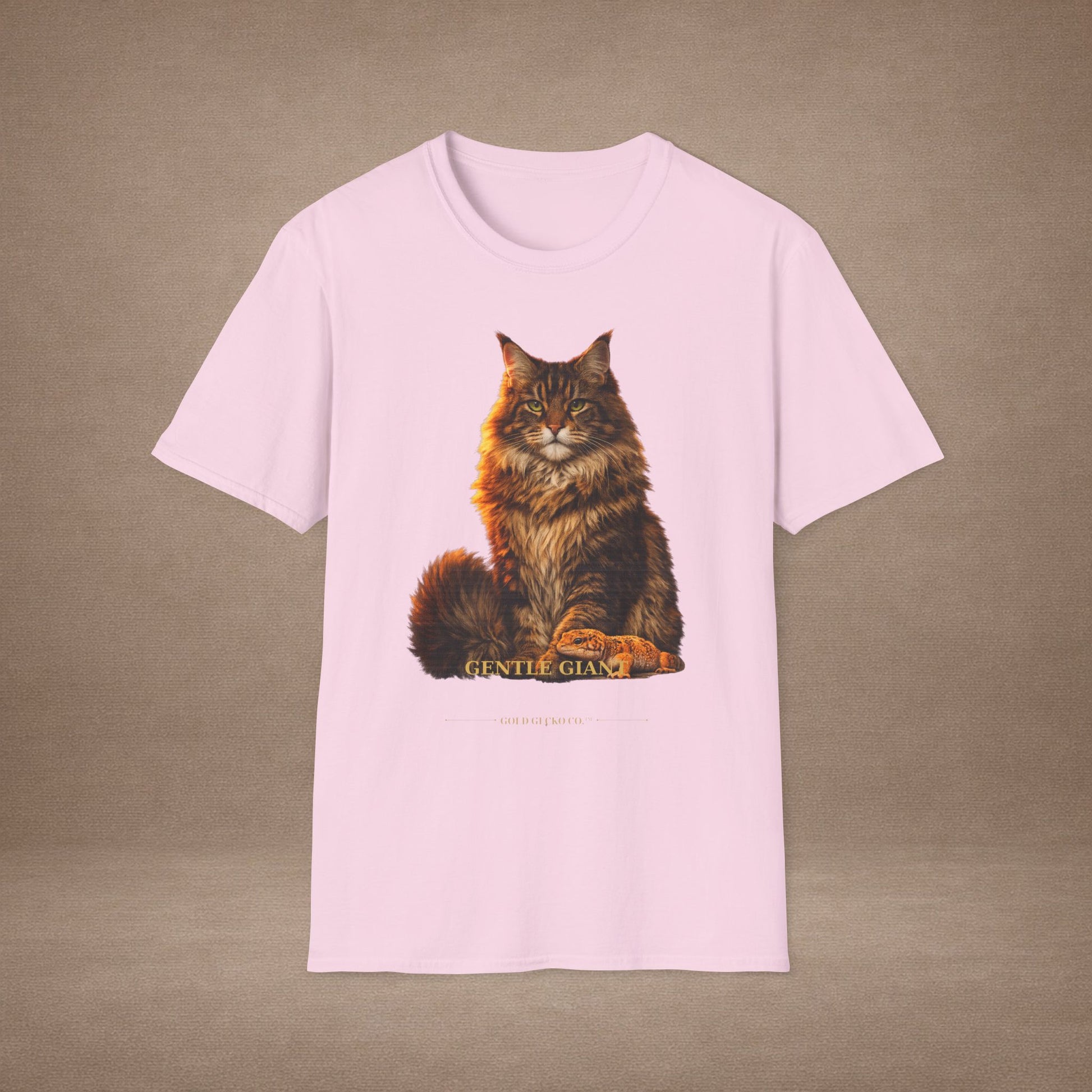 Maine Coon — Gentle Giant — photoreal cat breed portraits paired with tiny gecko compani. Gold Gecko Co. Cats & Geckos collection.
