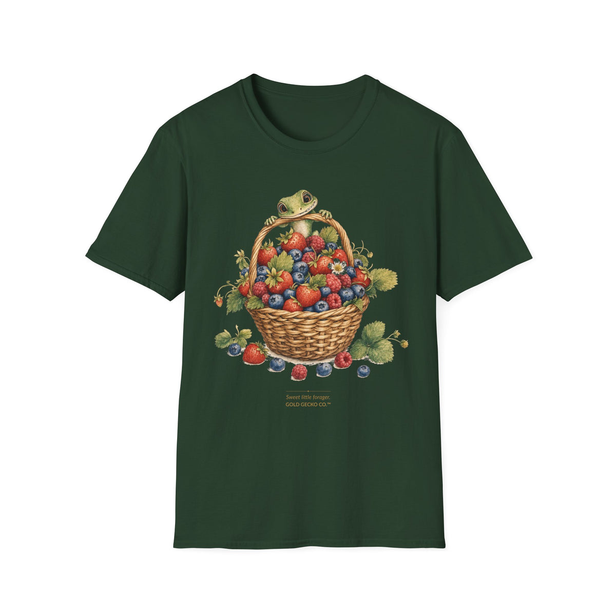Berry Basket Buddy cottagecore watercolor T-shirt from Gold Gecko Co. — gecko nestled in a woven basket of wild strawberries and blueberries.