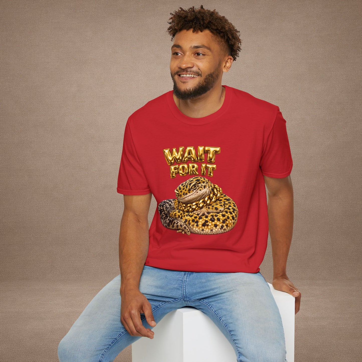 DESIGN #06-1 - Wait For It -  Side-Eye Leopard Gecko Tee (Front & Back)- Gold Letters