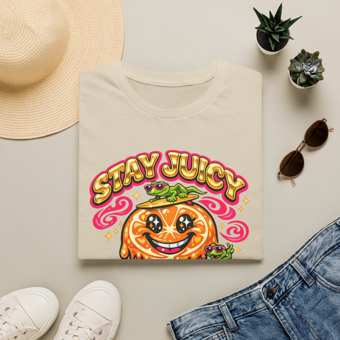 Stay Juicy retro chrome orange & gecko graphic t-shirt — Gold Gecko Co.