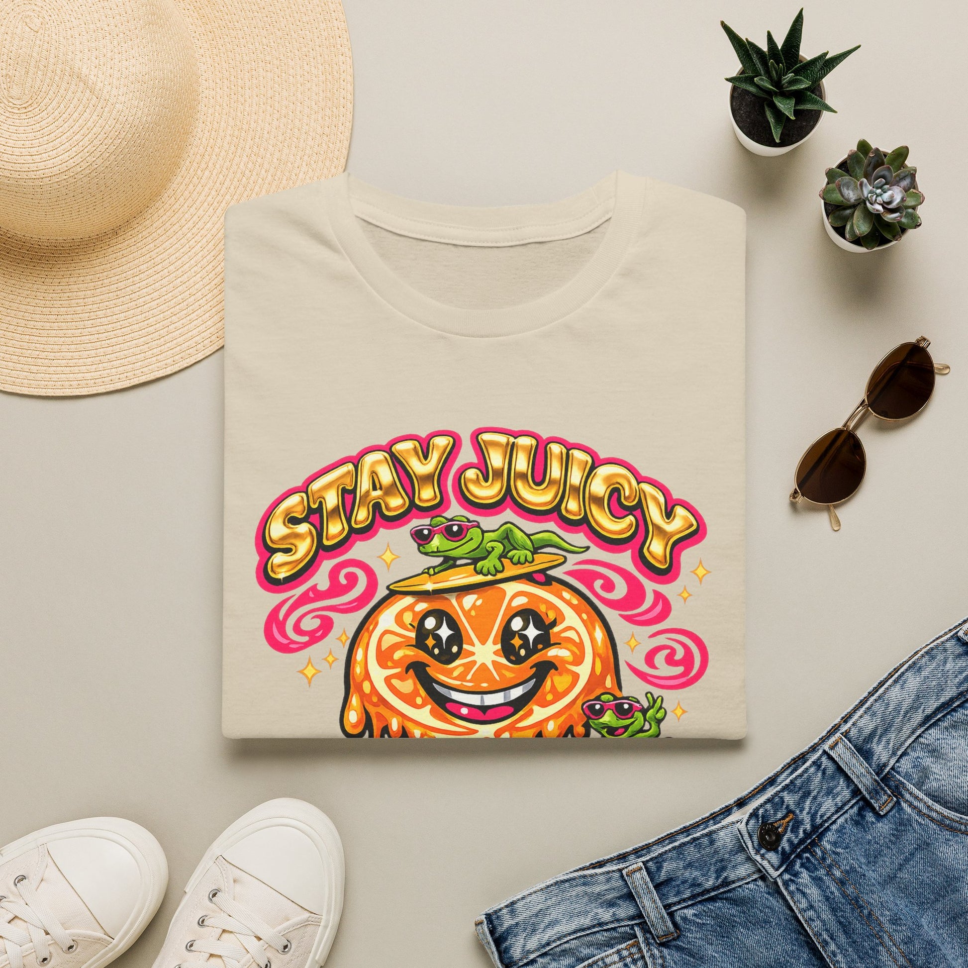 Stay Juicy retro chrome orange & gecko graphic t-shirt — Gold Gecko Co.