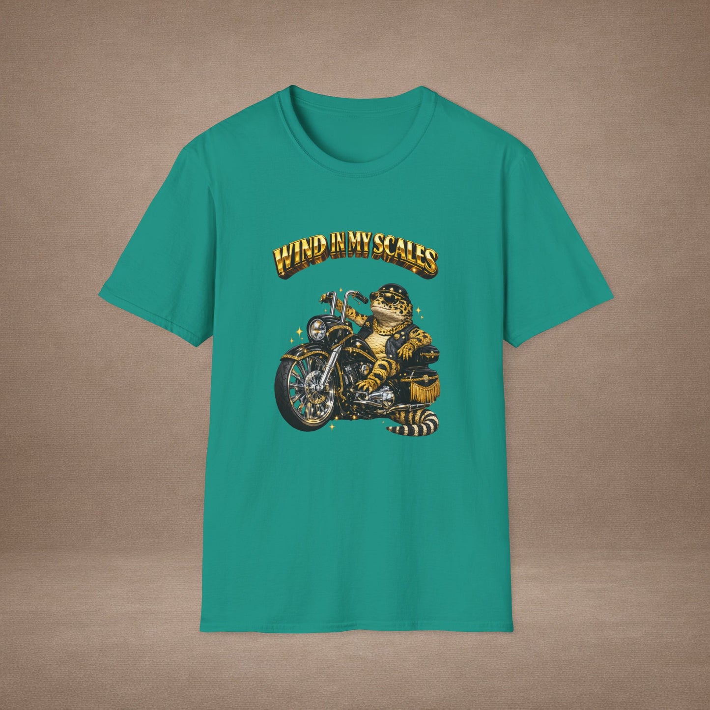 DESIGN #38 Wind in My Scales — Bagger Gecko Tee (Front & Back) Golden Letters