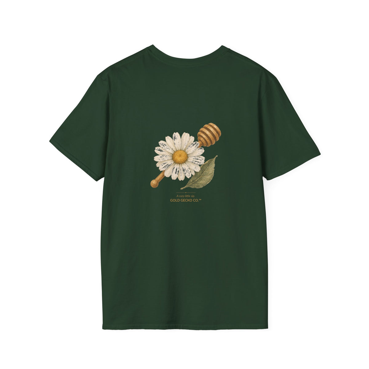 Tea Time Gecko cottagecore watercolor T-shirt from Gold Gecko Co. — gecko sipping from a floral teacup among daisies and lavender.