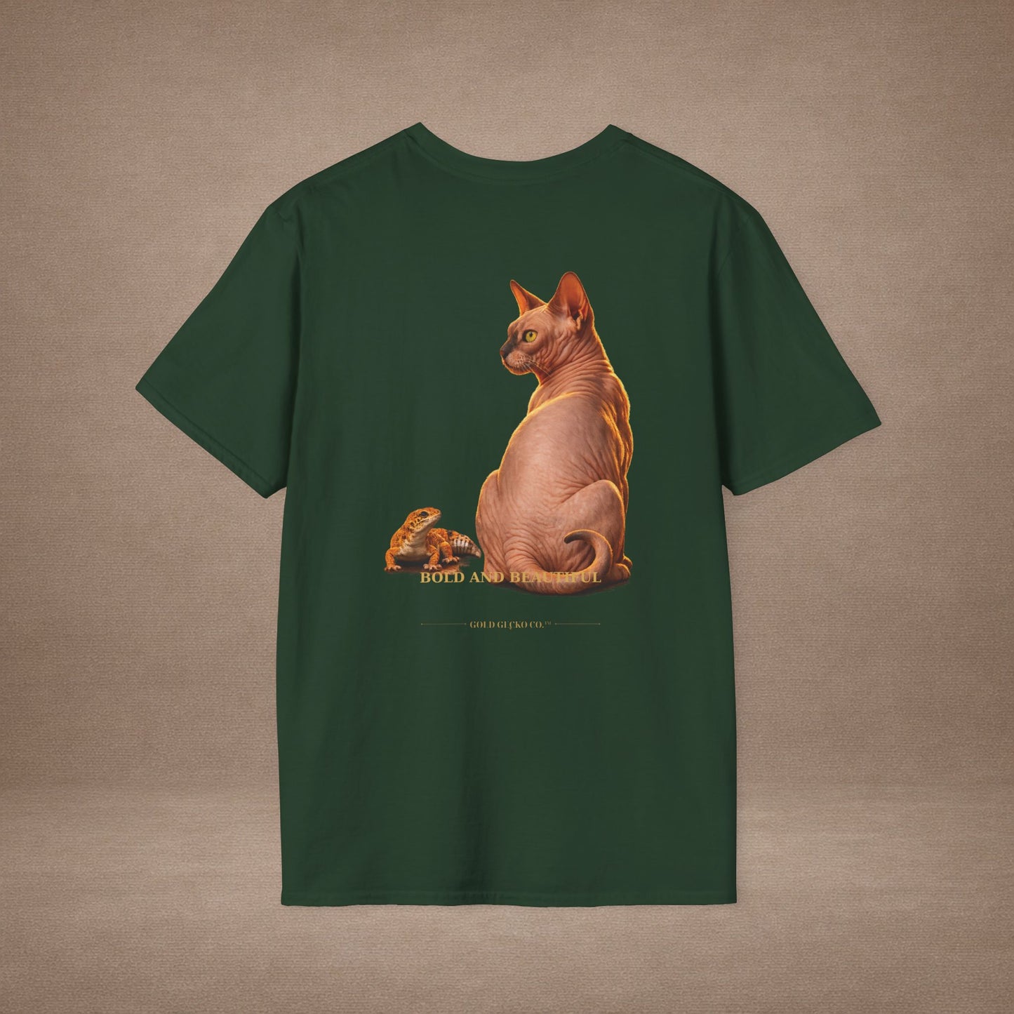 Sphynx — Bold And Beautiful — photoreal cat breed portraits paired with tiny gecko compani. Gold Gecko Co. Cats & Geckos collection.