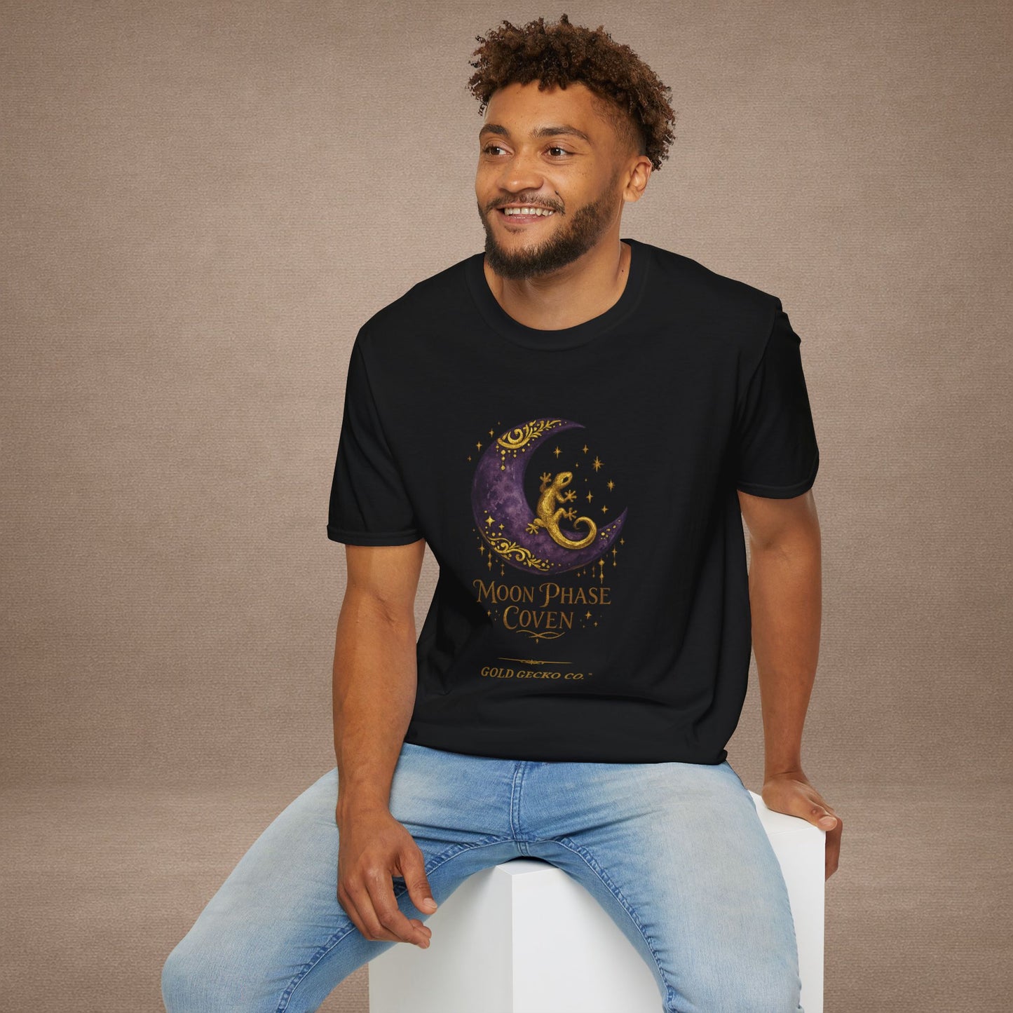 Moon Phase Coven gecko t-shirt with Coven Banner back — Gold Gecko Co. Moon & Mystic collection