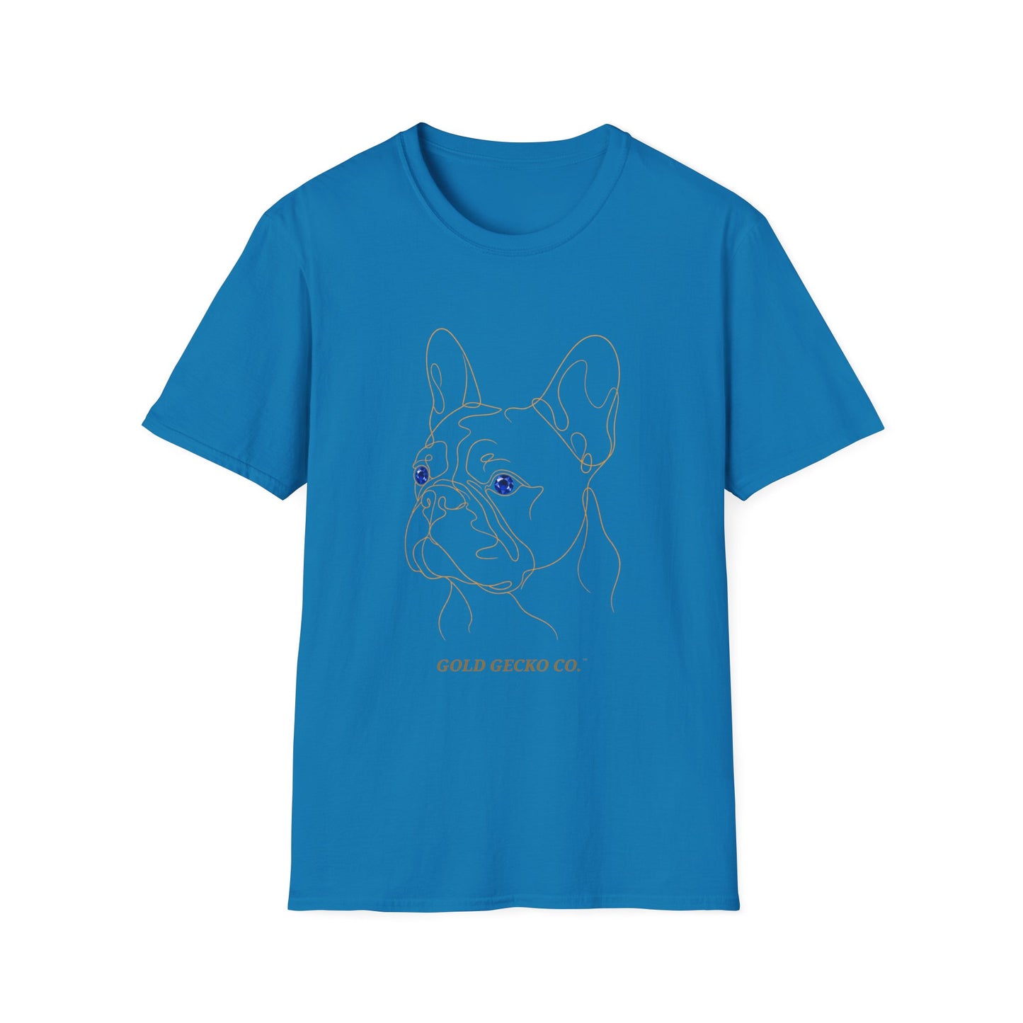Sapphire French Bulldog single-line art with sapphire blue gem eye — Gold Gecko Co. Line & Gold collection (Dark)