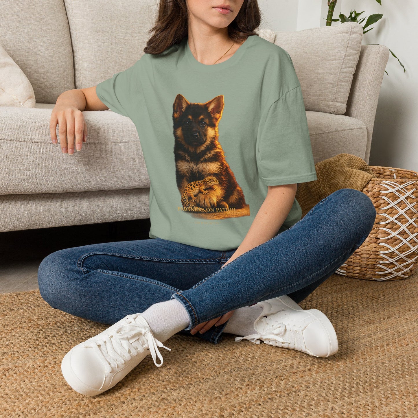 German Shepherd — Partners On Patrol — cinematic photoreal portraits of beloved dog breeds paired w. Gold Gecko Co. Puppies & Geckos collection.