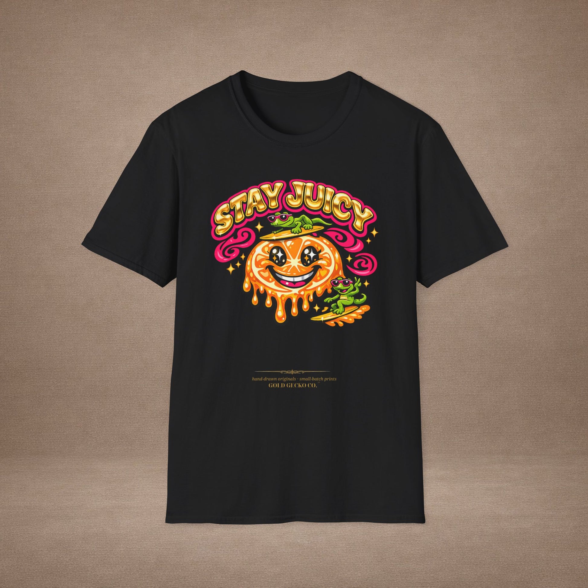Stay Juicy retro chrome orange & gecko graphic t-shirt — Gold Gecko Co.