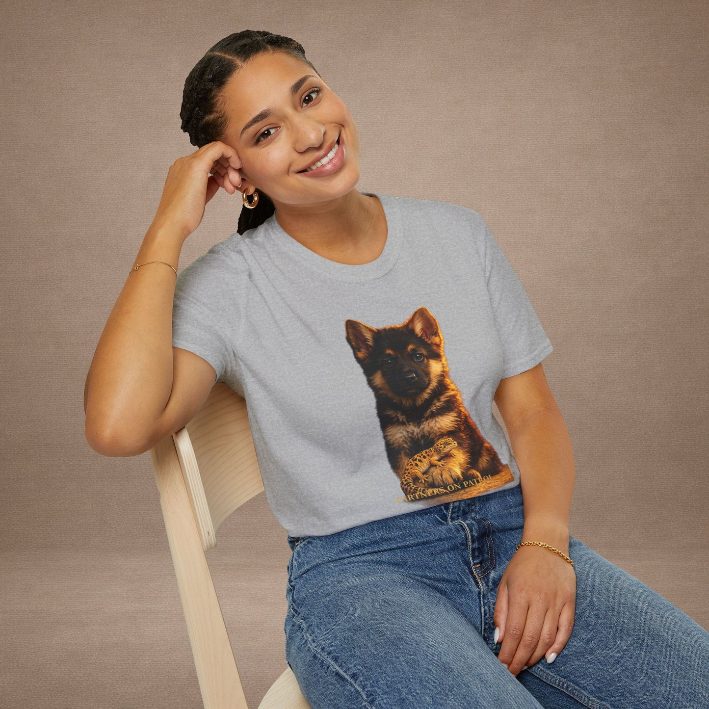 German Shepherd — Partners On Patrol — cinematic photoreal portraits of beloved dog breeds paired w. Gold Gecko Co. Puppies & Geckos collection.