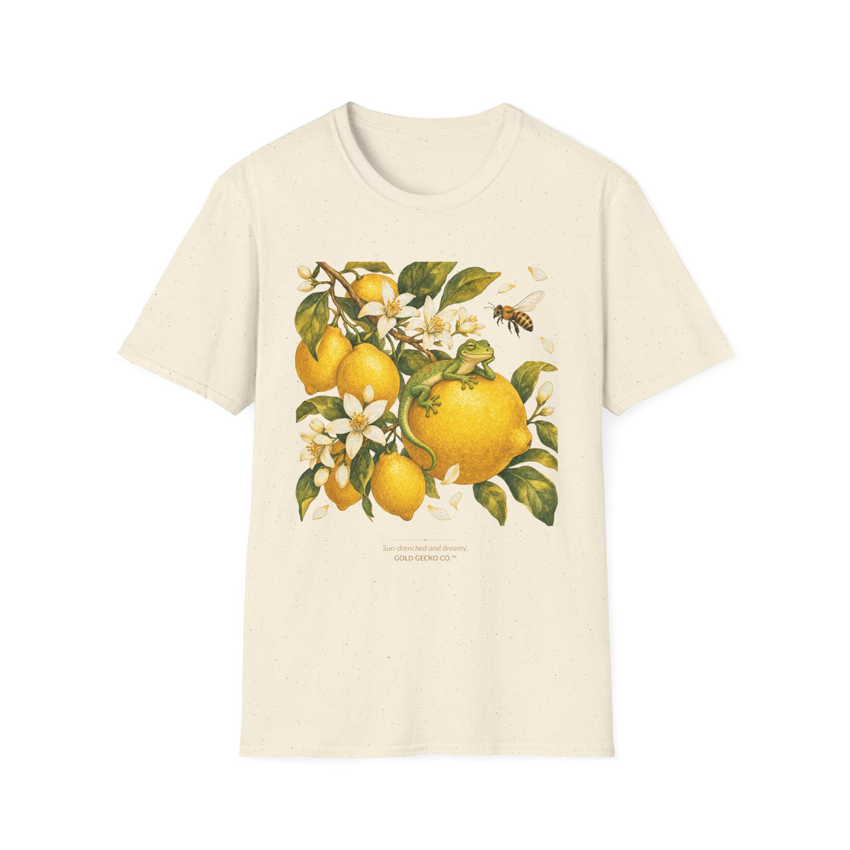 Citrus Grove Gecko cottagecore watercolor T-shirt from Gold Gecko Co. — gecko in a sunlit Mediterranean citrus grove of lemons and oranges.