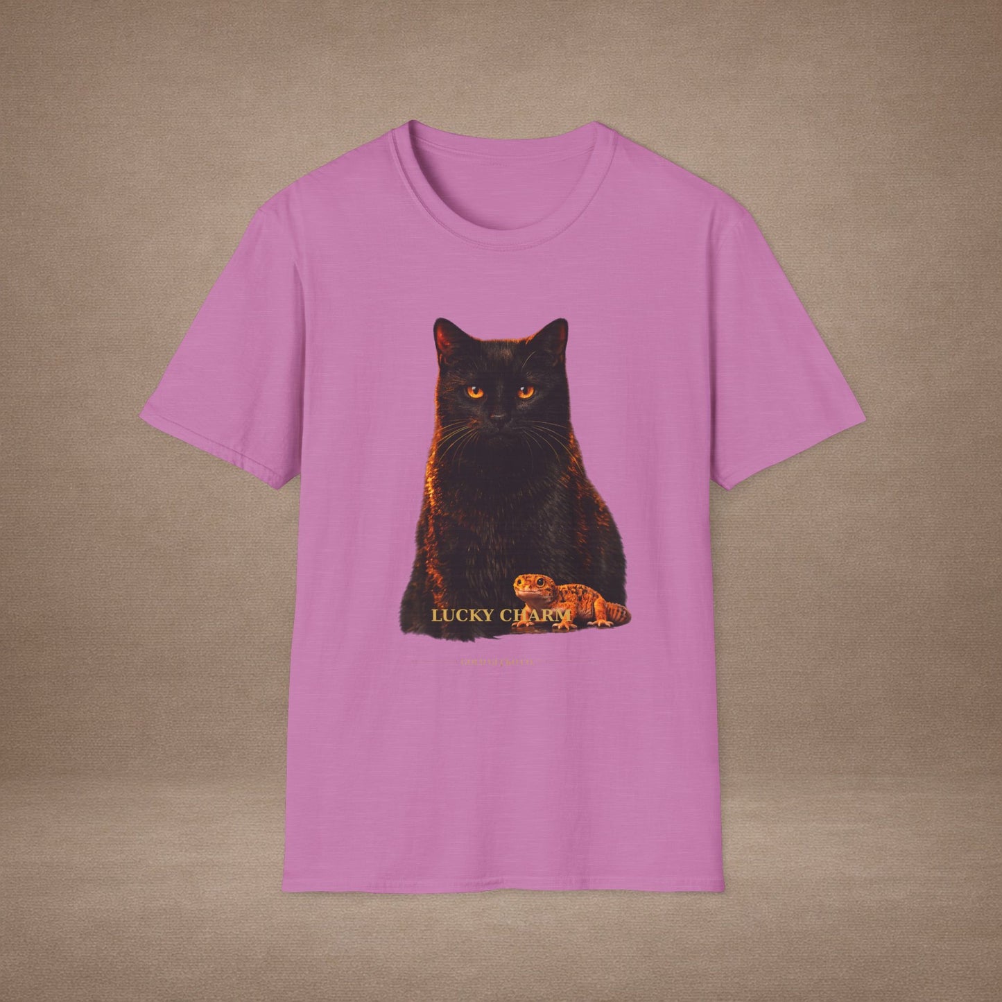 Black Cat — Lucky Charm — photoreal cat breed portraits paired with tiny gecko compani. Gold Gecko Co. Cats & Geckos collection.