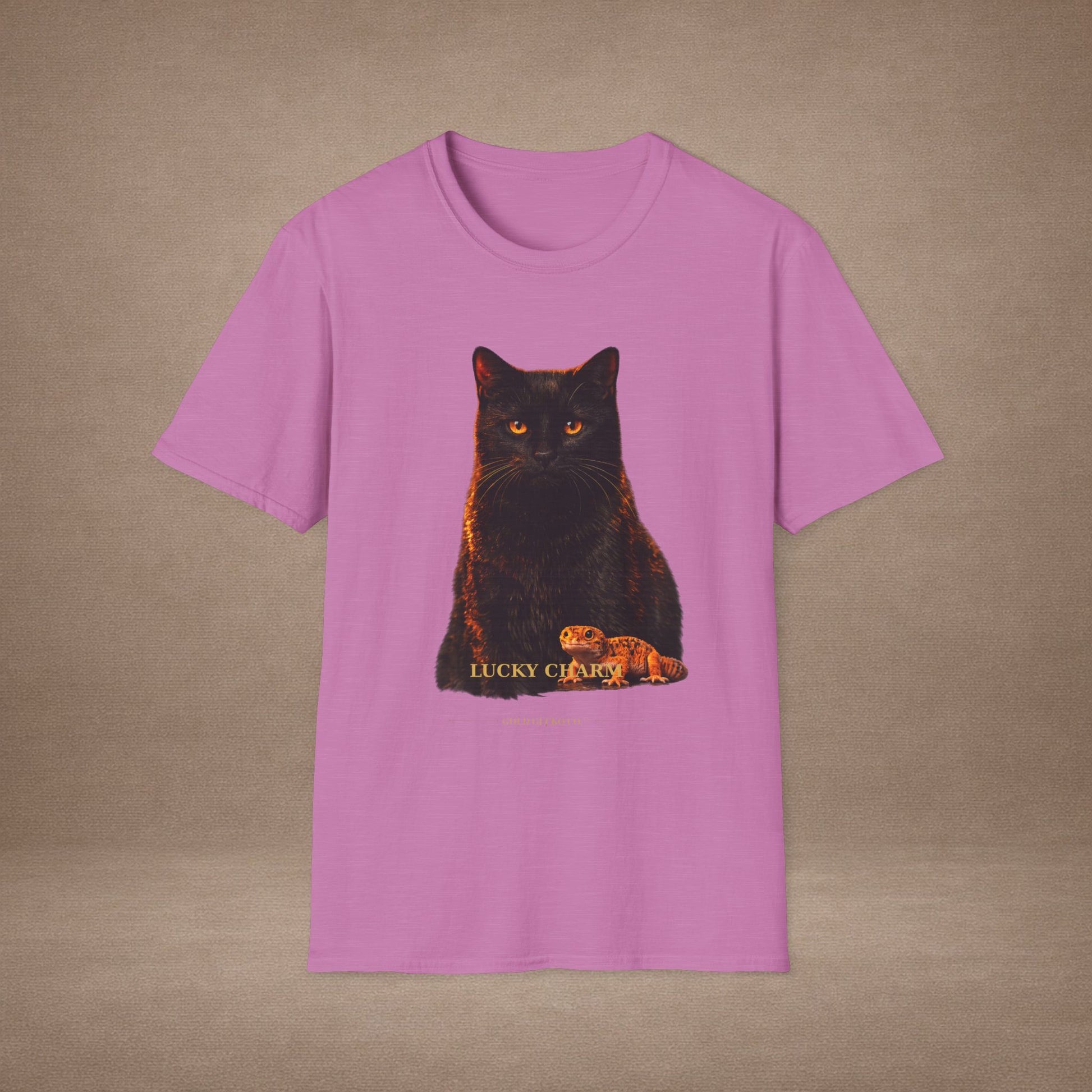 Black Cat — Lucky Charm — photoreal cat breed portraits paired with tiny gecko compani. Gold Gecko Co. Cats & Geckos collection.
