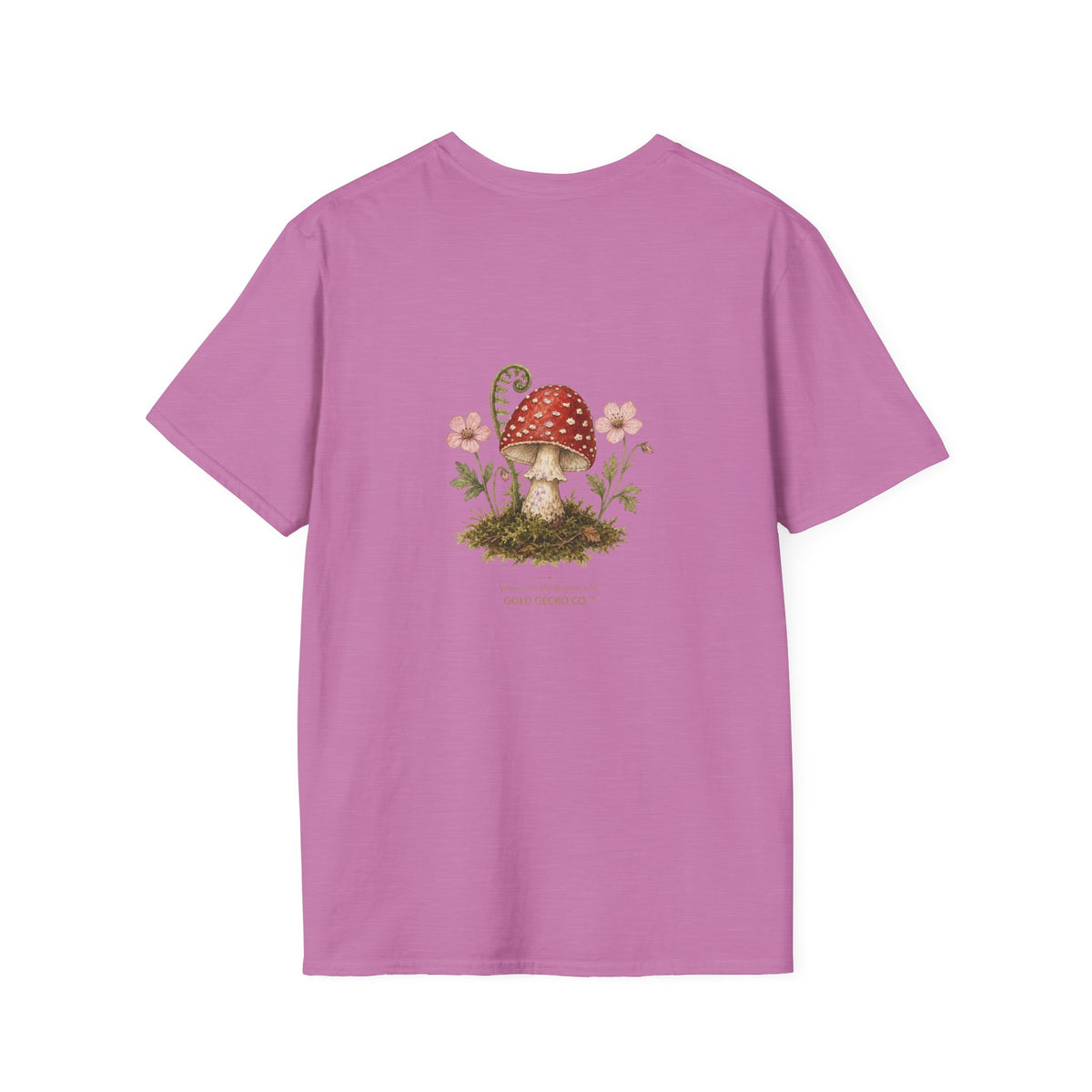 Mushroom Village cottagecore watercolor T-shirt from Gold Gecko Co. — gecko exploring a whimsical toadstool village in the woods.