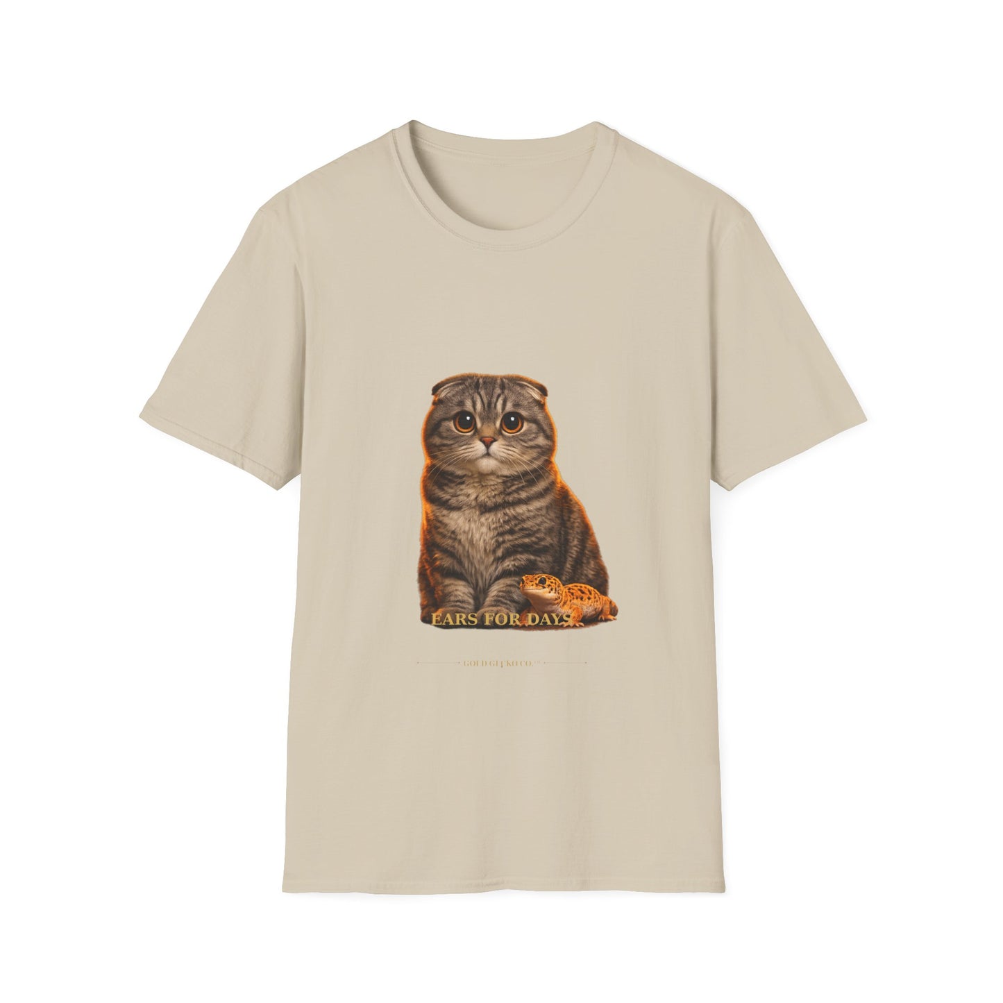 Scottish Fold — Ears For Days — photoreal cat breed portraits paired with tiny gecko compani. Gold Gecko Co. Cats & Geckos collection.