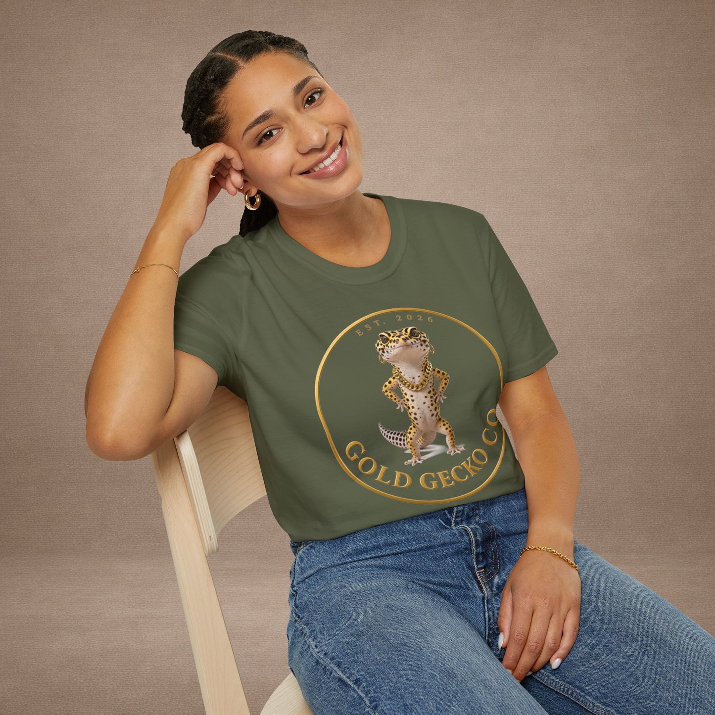 Design # 001  Gold Gecko Co. tm - Signature Logo Tee — Emblem Graphic T-Shirt (Front @ Back)