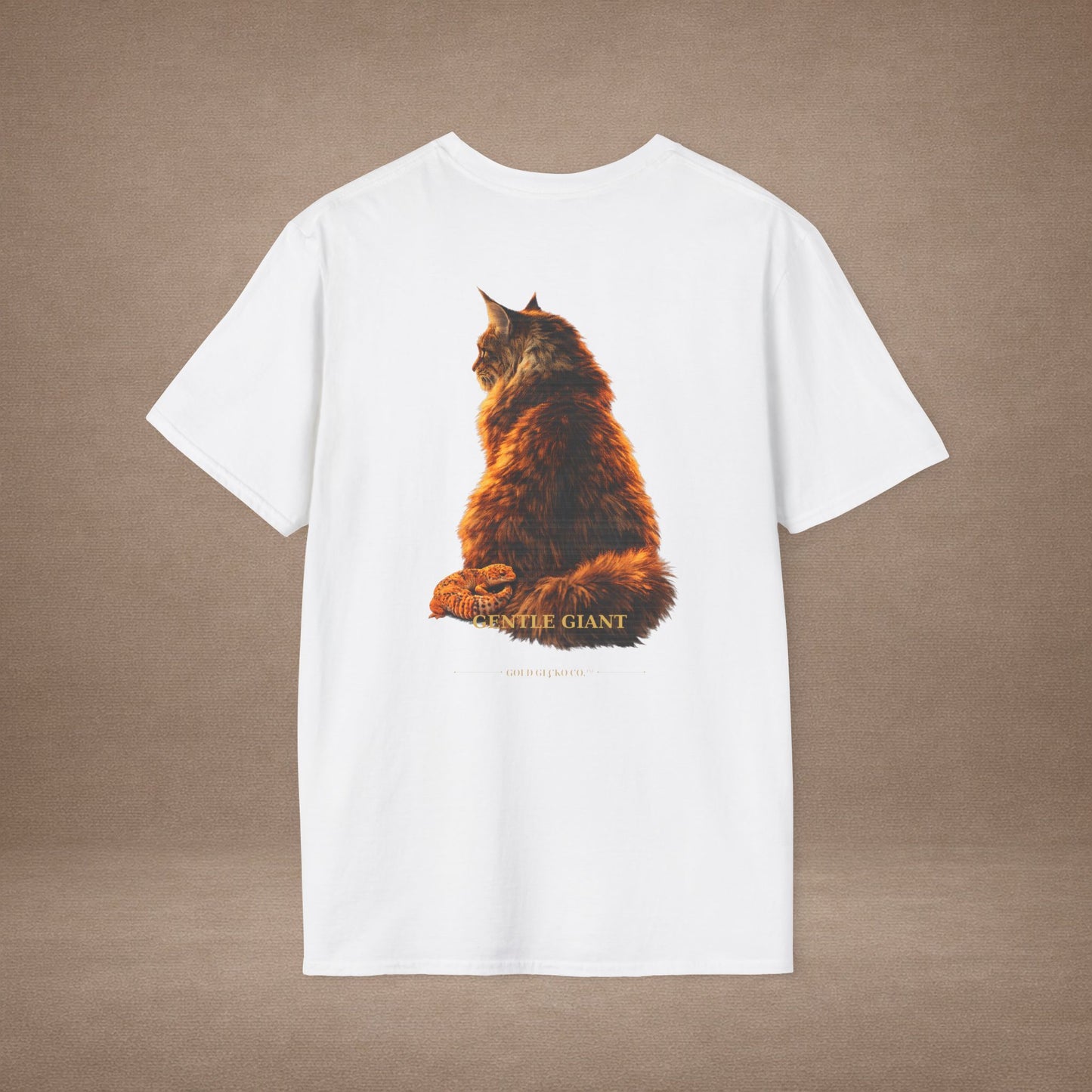 Maine Coon — Gentle Giant — photoreal cat breed portraits paired with tiny gecko compani. Gold Gecko Co. Cats & Geckos collection.