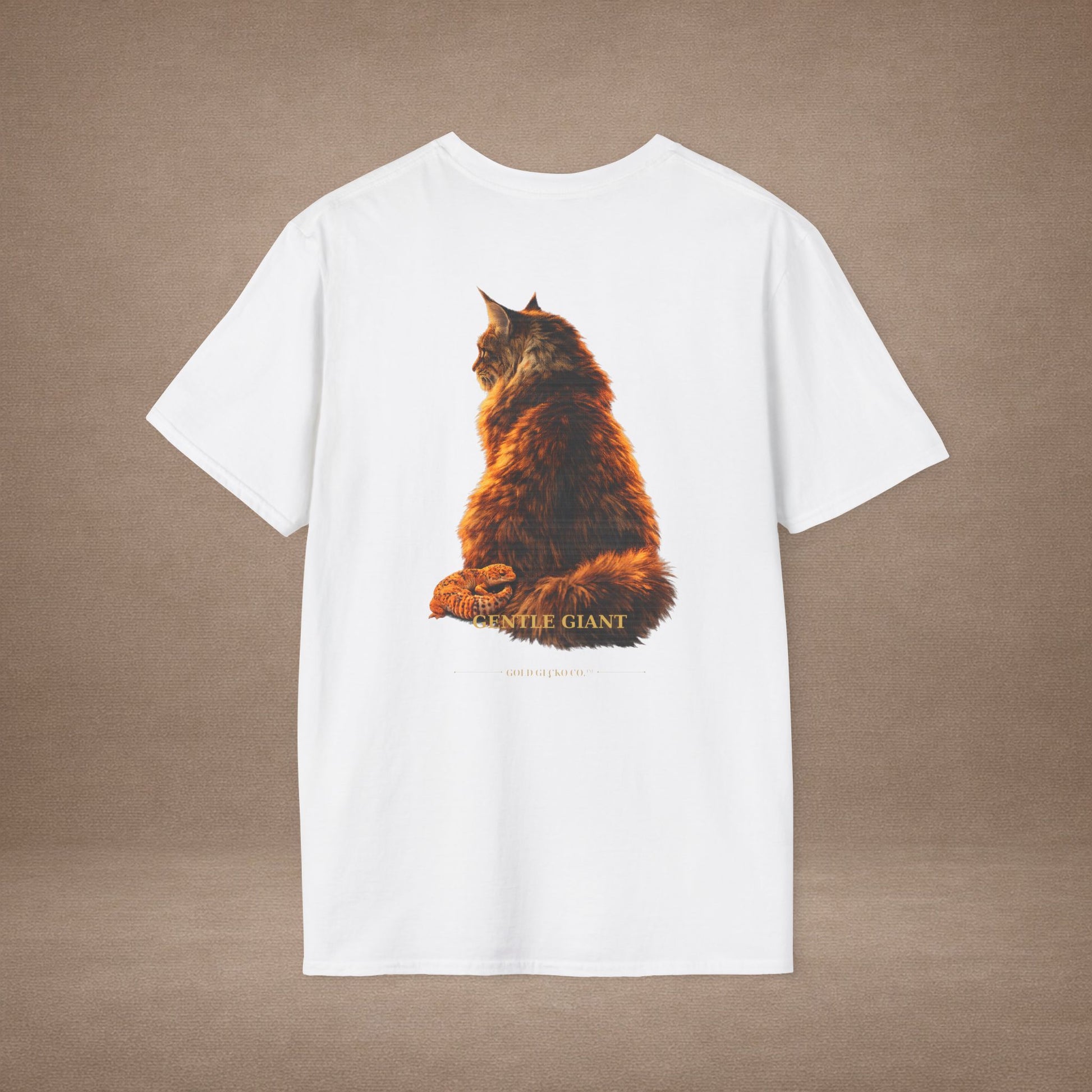 Maine Coon — Gentle Giant — photoreal cat breed portraits paired with tiny gecko compani. Gold Gecko Co. Cats & Geckos collection.