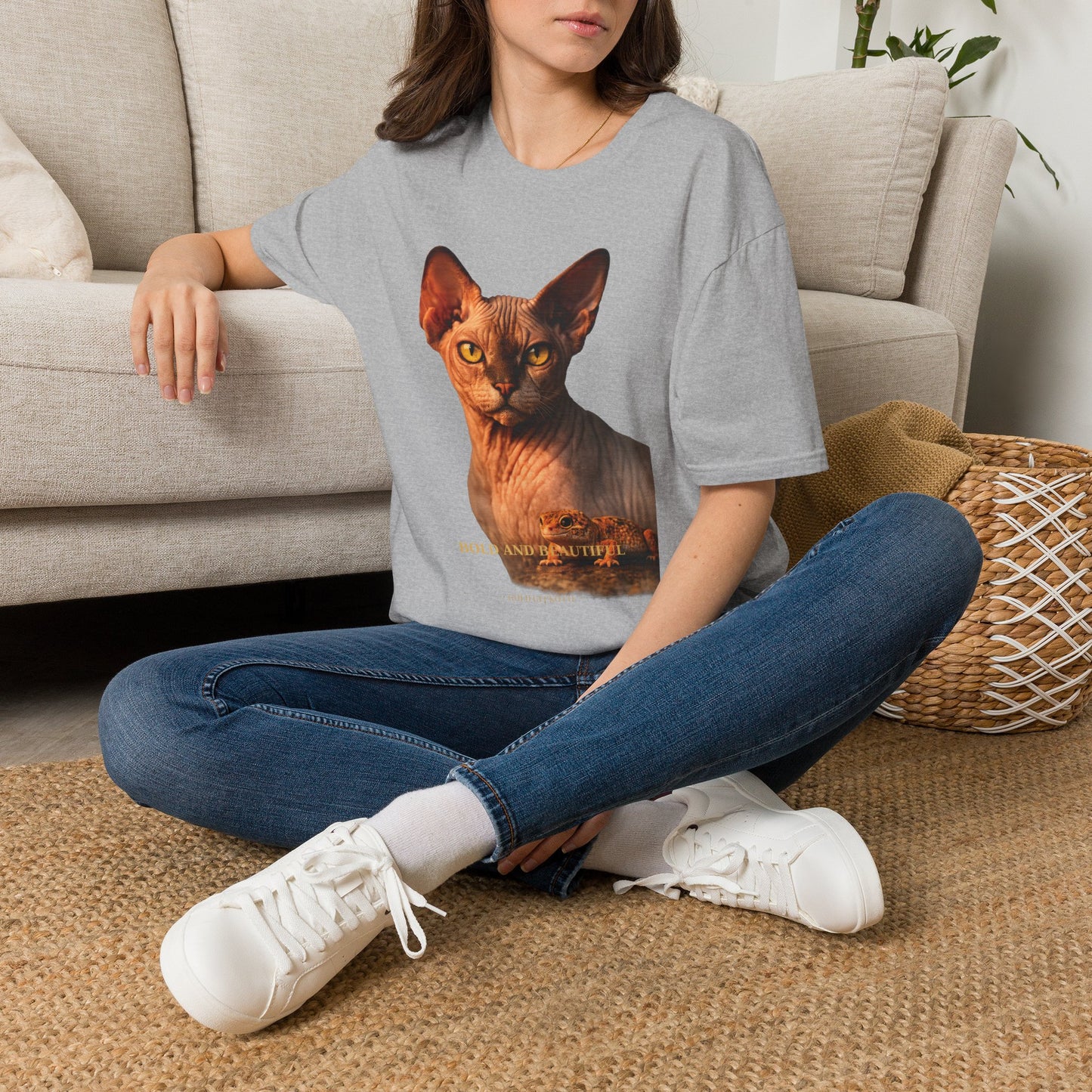 Sphynx — Bold And Beautiful — photoreal cat breed portraits paired with tiny gecko compani. Gold Gecko Co. Cats & Geckos collection.