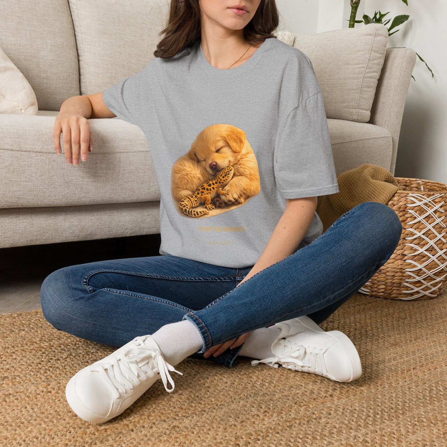 Golden Retriever — Nap Buddies — cinematic photoreal portraits of beloved dog breeds paired w. Gold Gecko Co. Puppies & Geckos collection.