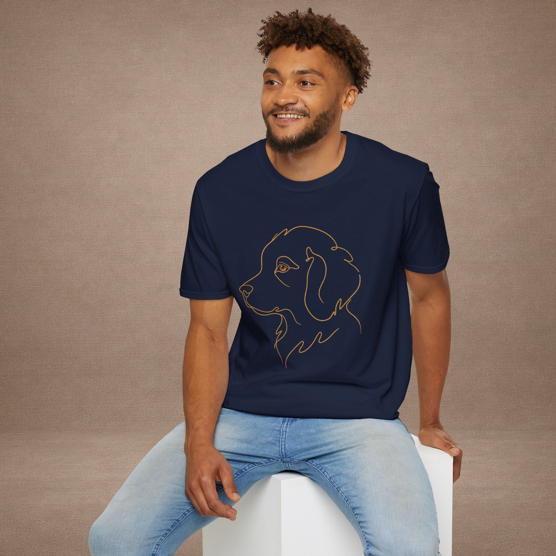 Topaz Golden Retriever single-line art with topaz gold gem eye — Gold Gecko Co. Line & Gold collection (Dark)