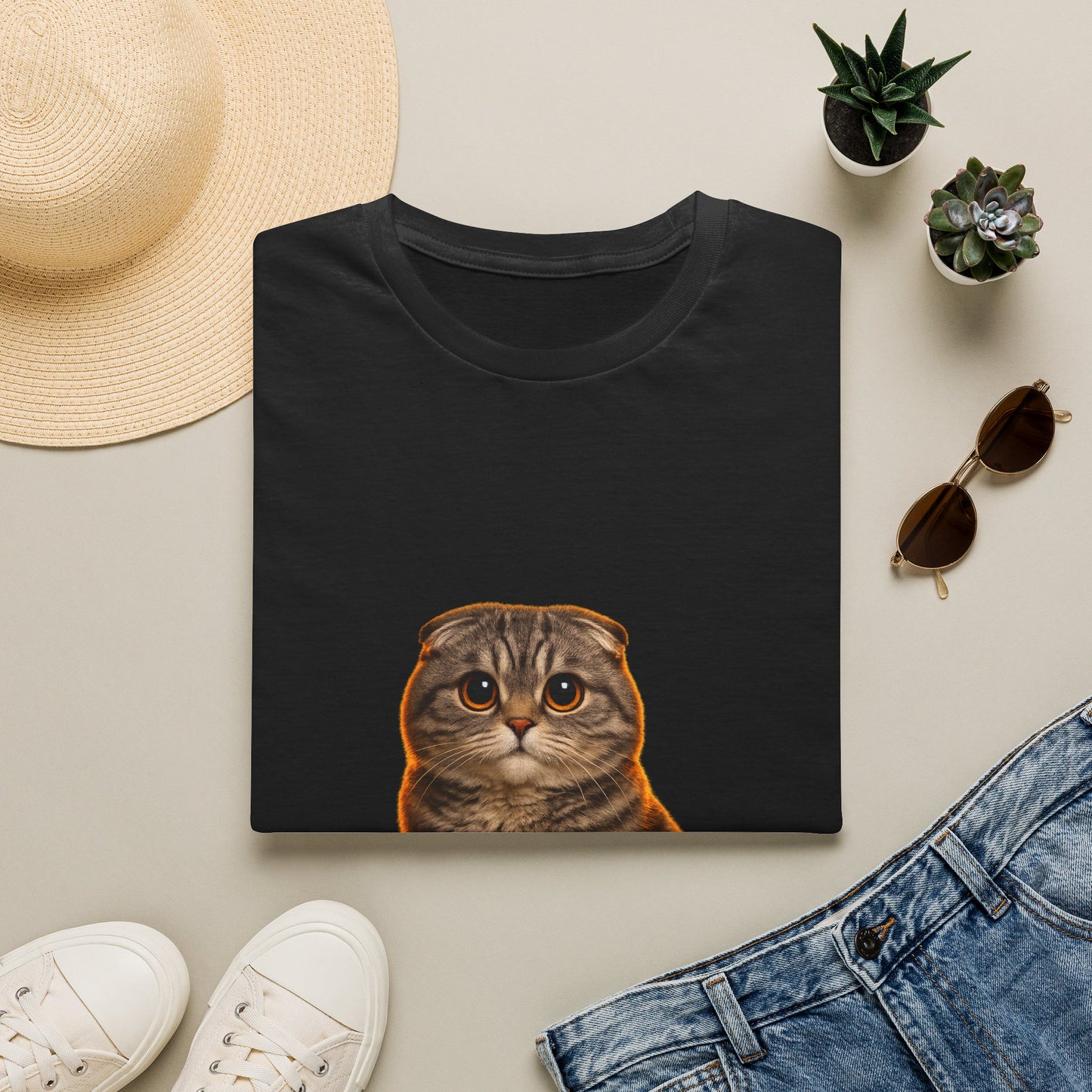 Scottish Fold — Ears For Days — photoreal cat breed portraits paired with tiny gecko compani. Gold Gecko Co. Cats & Geckos collection.
