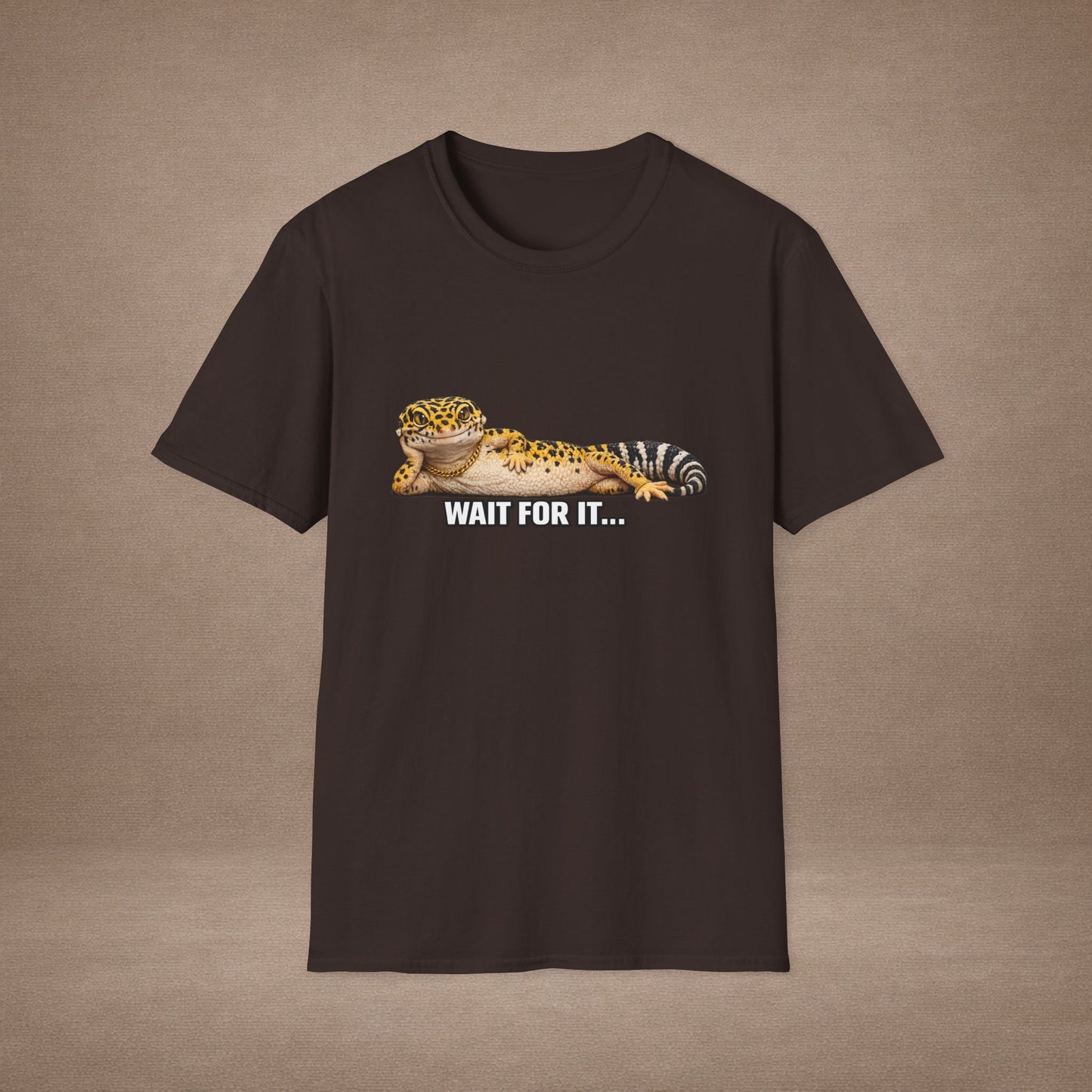 DESIGN #21 Wait For It… — Lounging Leopard Gecko Tee (Front & Back)