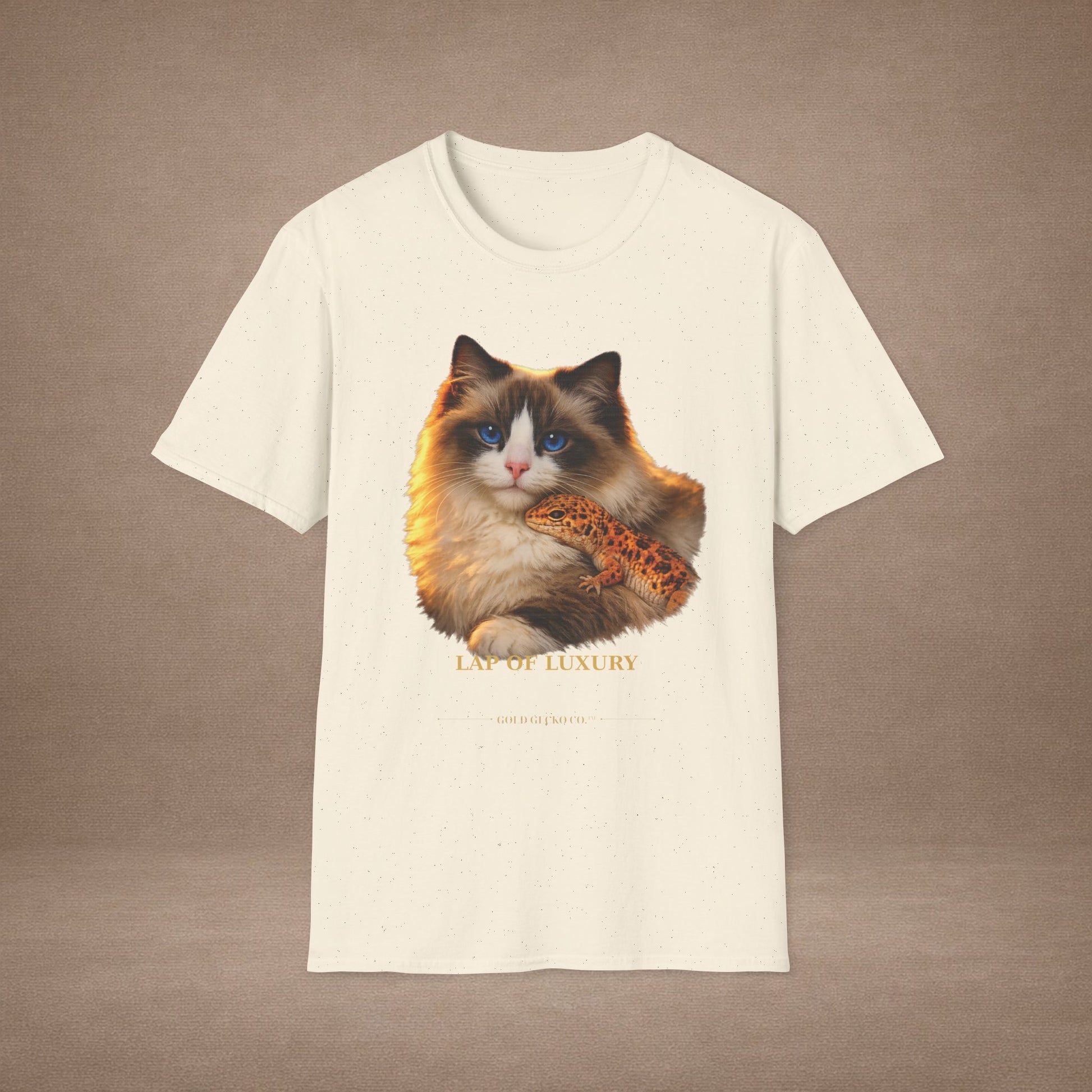 Ragdoll — Lap Of Luxury — photoreal cat breed portraits paired with tiny gecko compani. Gold Gecko Co. Cats & Geckos collection.