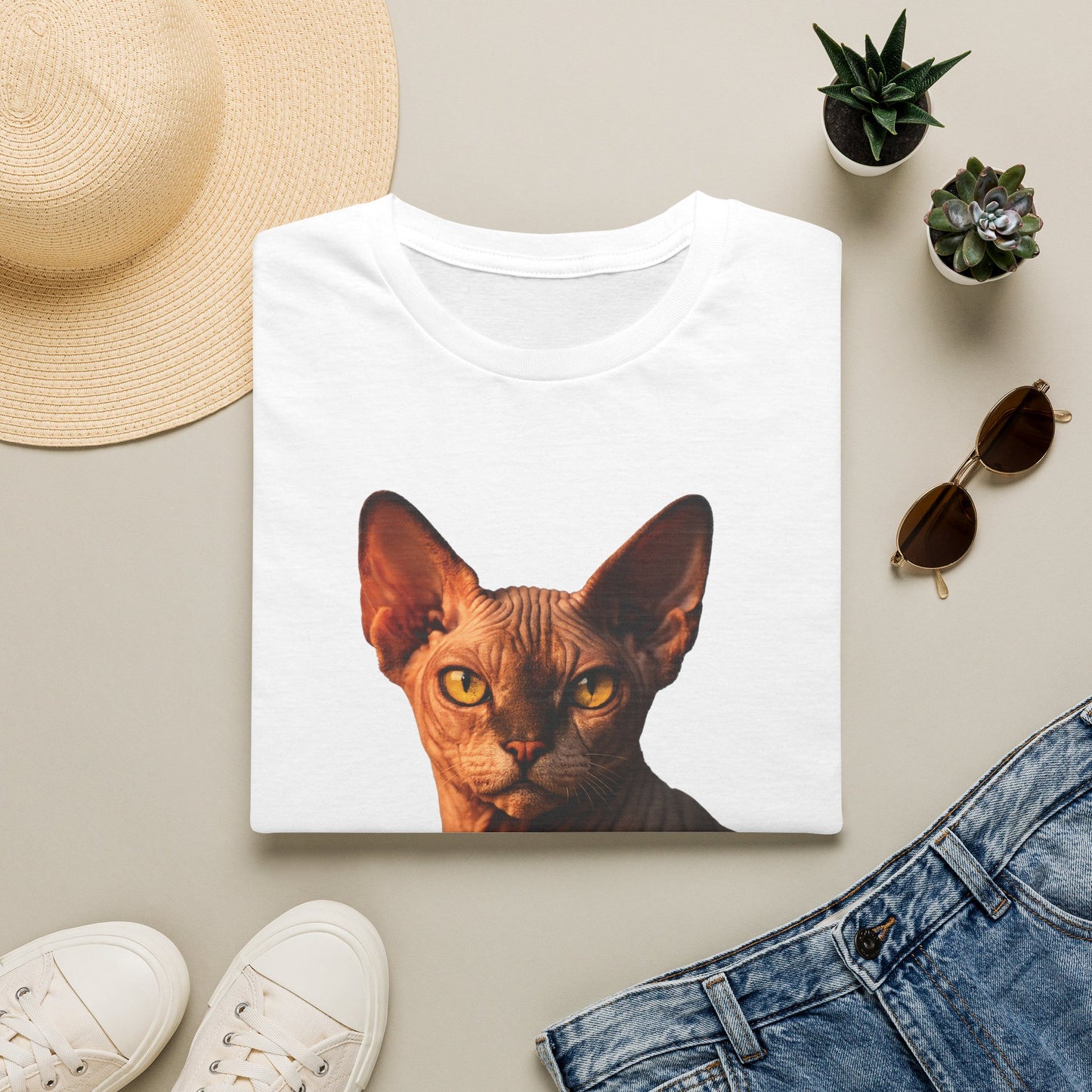 Sphynx — Bold And Beautiful — photoreal cat breed portraits paired with tiny gecko compani. Gold Gecko Co. Cats & Geckos collection.