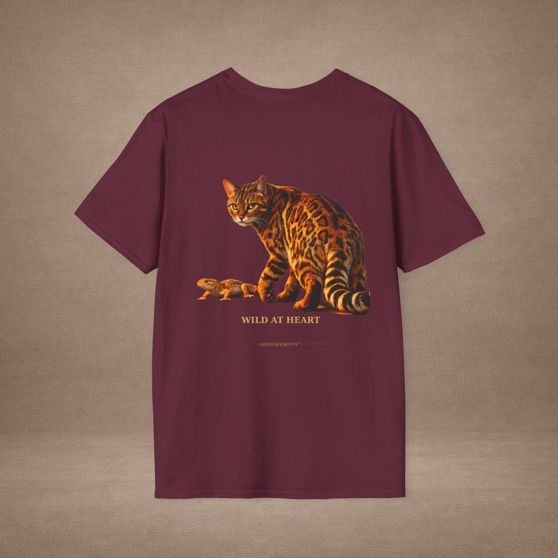 Bengal — Wild At Heart — photoreal cat breed portraits paired with tiny gecko compani. Gold Gecko Co. Cats & Geckos collection.