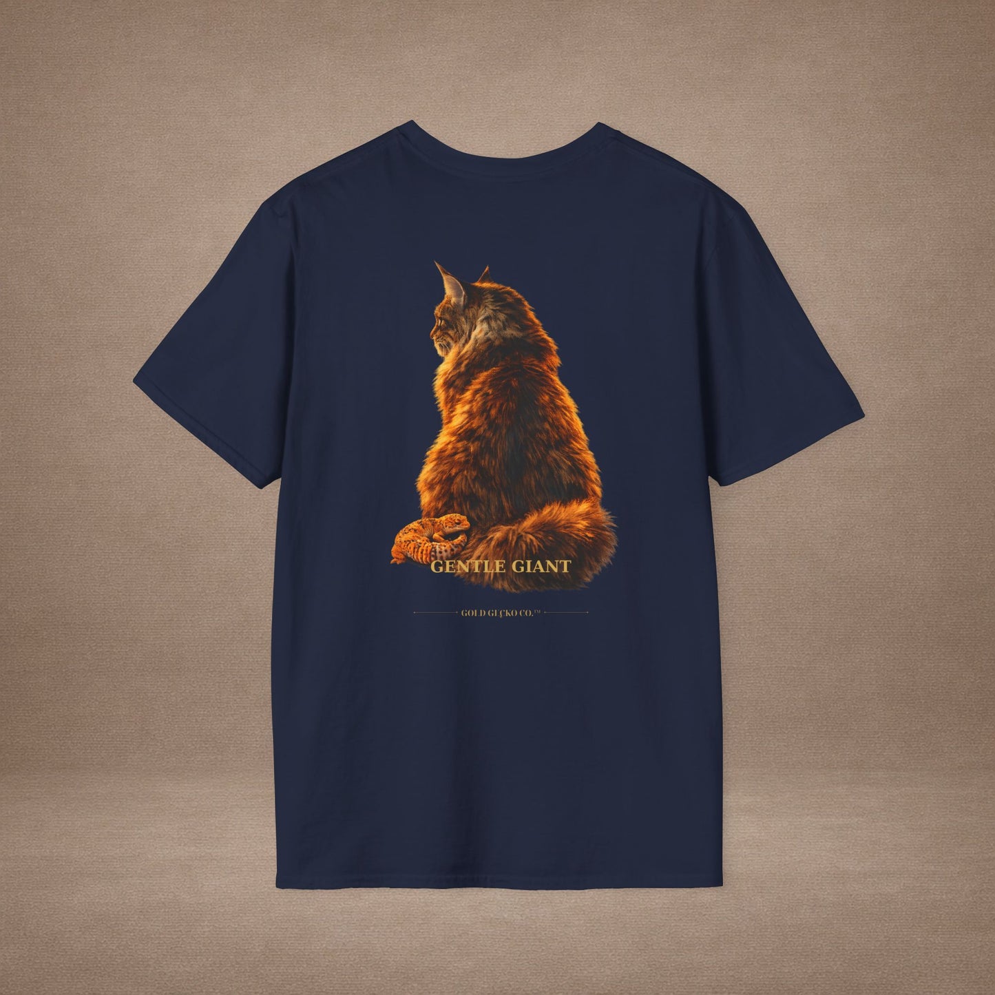 Maine Coon — Gentle Giant — photoreal cat breed portraits paired with tiny gecko compani. Gold Gecko Co. Cats & Geckos collection.