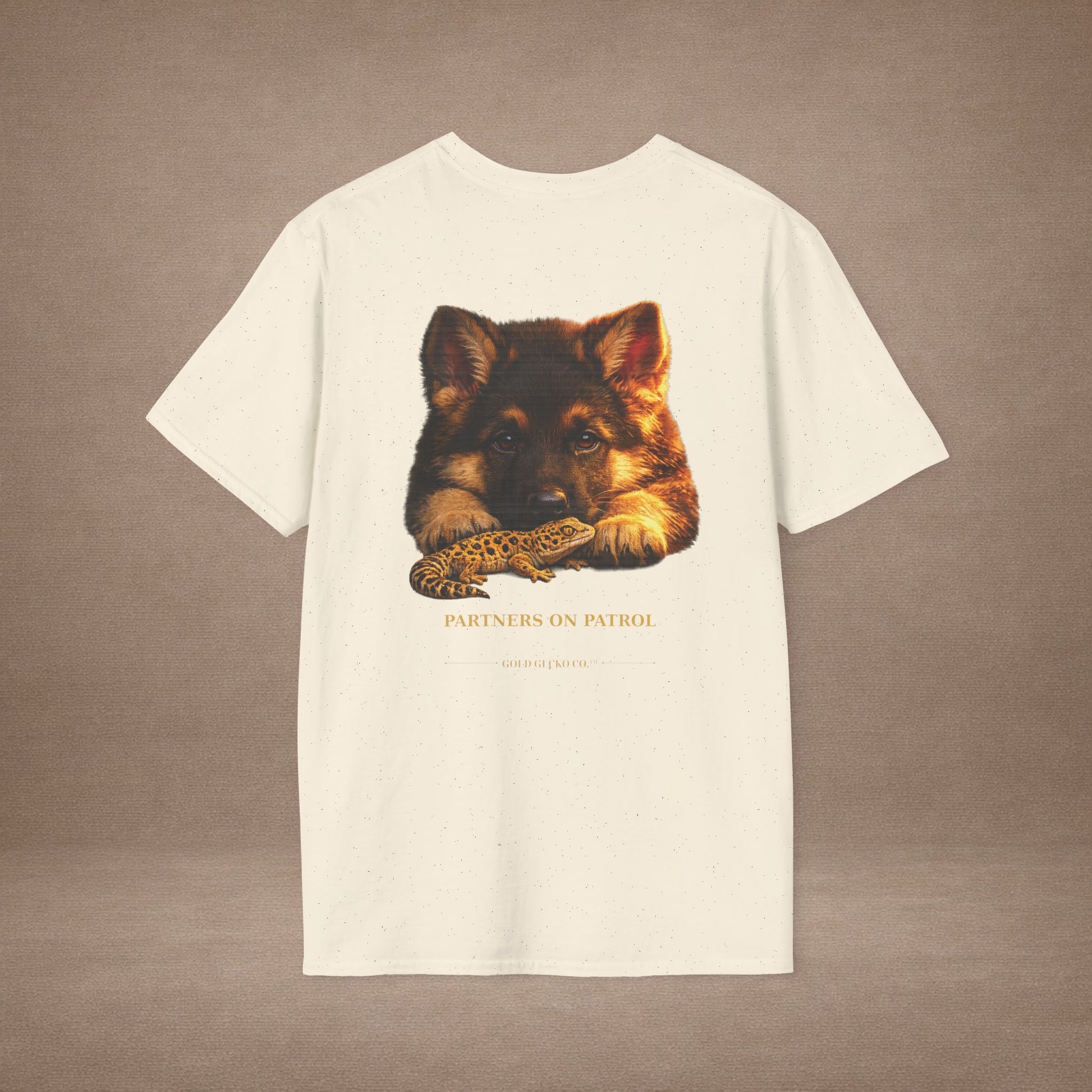 German Shepherd — Partners On Patrol — cinematic photoreal portraits of beloved dog breeds paired w. Gold Gecko Co. Puppies & Geckos collection.