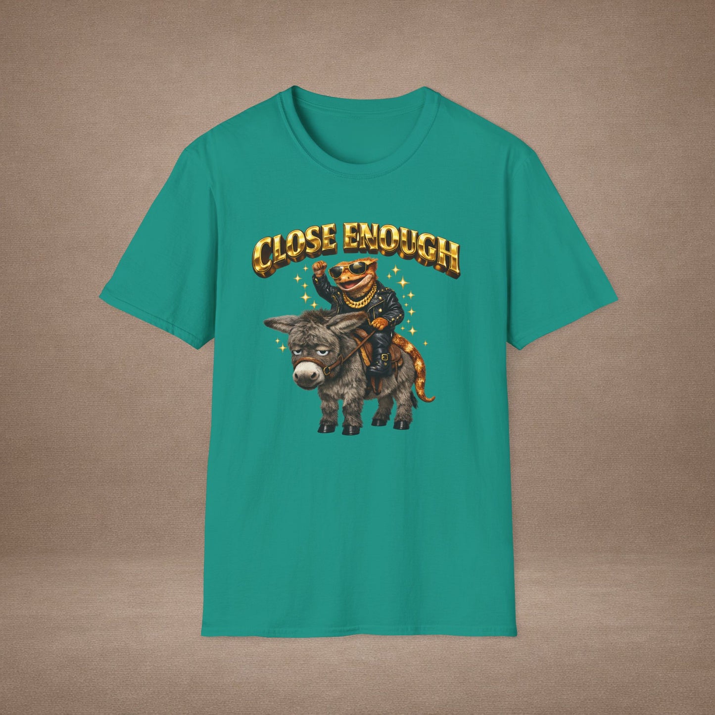 DESIGN #04-1 Close Enough — Donkey Gecko Tee (Front & Back) (Gold Letters)