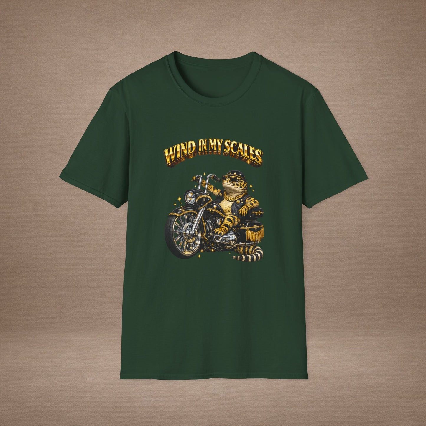 DESIGN #38 Wind in My Scales — Bagger Gecko Tee (Front & Back) Golden Letters