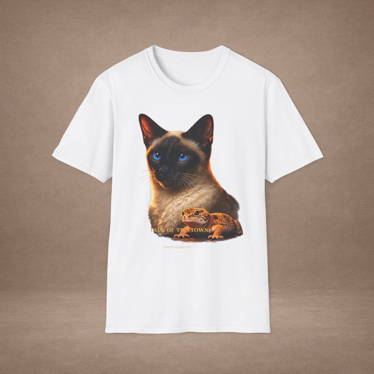 Siamese — Talk Of The Town — photoreal cat breed portraits paired with tiny gecko compani. Gold Gecko Co. Cats & Geckos collection.