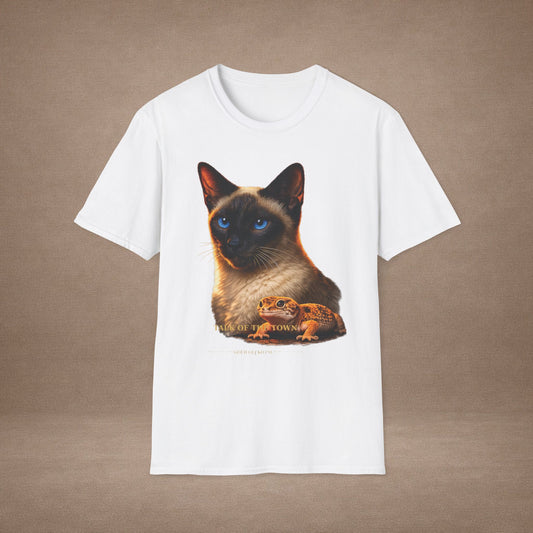 Siamese — Talk Of The Town — photoreal cat breed portraits paired with tiny gecko compani. Gold Gecko Co. Cats & Geckos collection.