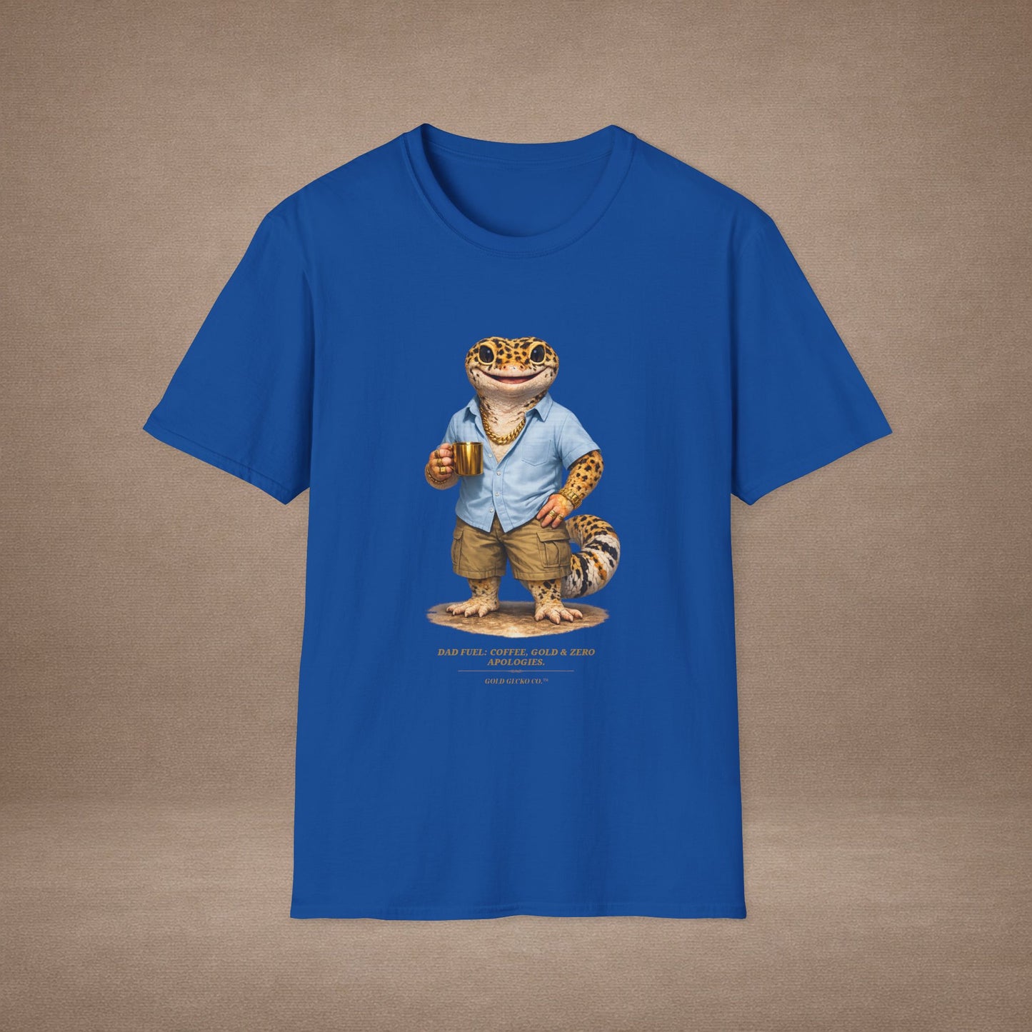 Design #03-2-2 - Coffee Dad (Leopard - Powder Blue Shirt, Gold Mug, Grass)