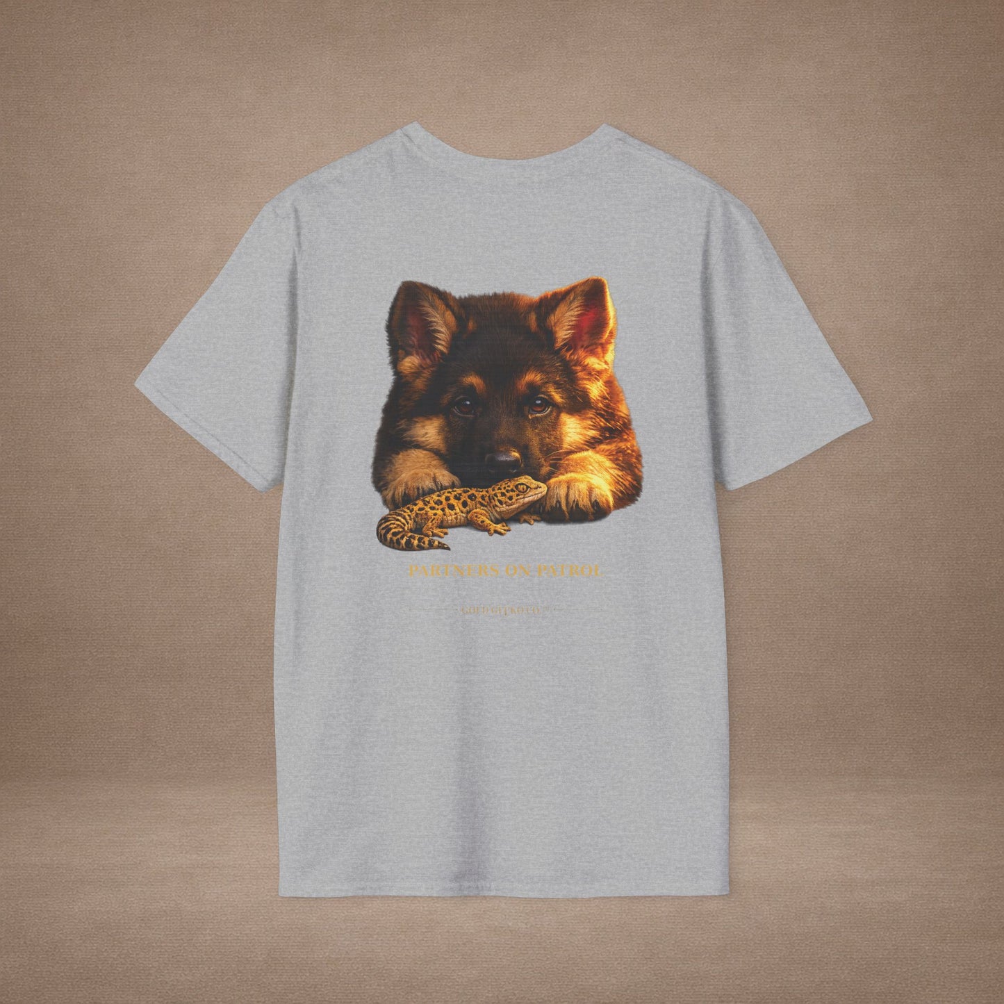 German Shepherd — Partners On Patrol — cinematic photoreal portraits of beloved dog breeds paired w. Gold Gecko Co. Puppies & Geckos collection.