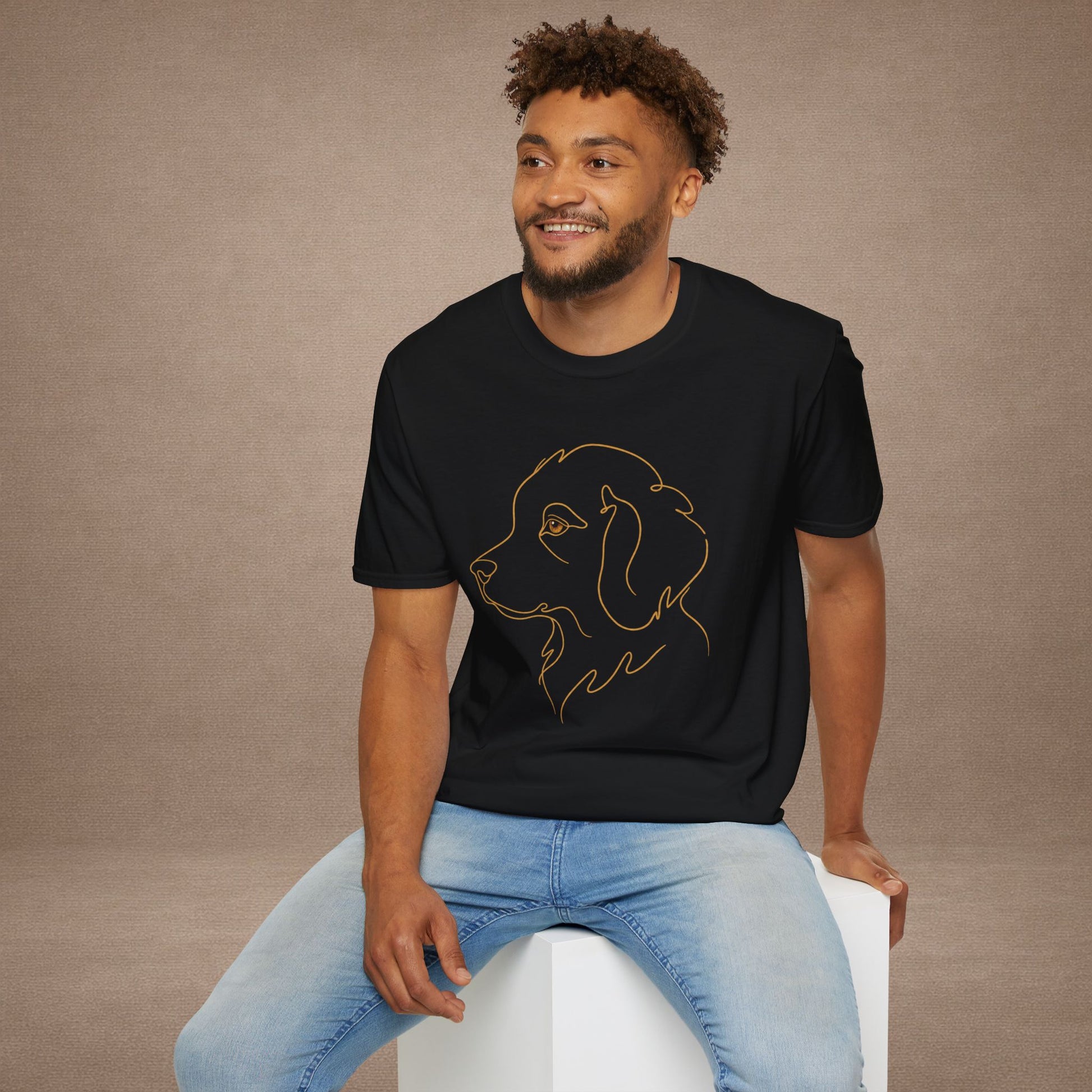 Topaz Golden Retriever single-line art with topaz gold gem eye — Gold Gecko Co. Line & Gold collection (Dark)