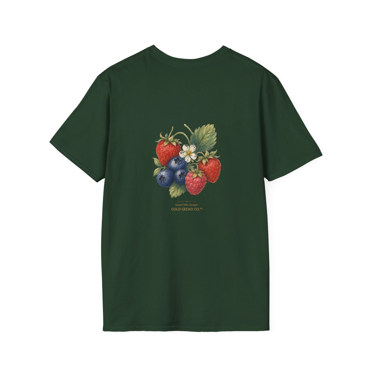 Berry Basket Buddy cottagecore watercolor T-shirt from Gold Gecko Co. — gecko nestled in a woven basket of wild strawberries and blueberries.