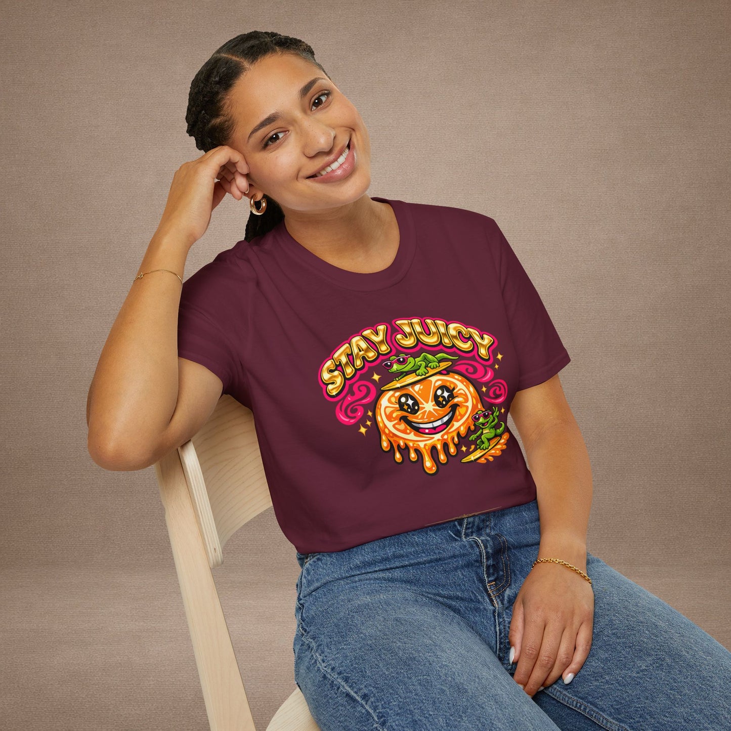 Stay Juicy retro chrome orange & gecko graphic t-shirt — Gold Gecko Co.