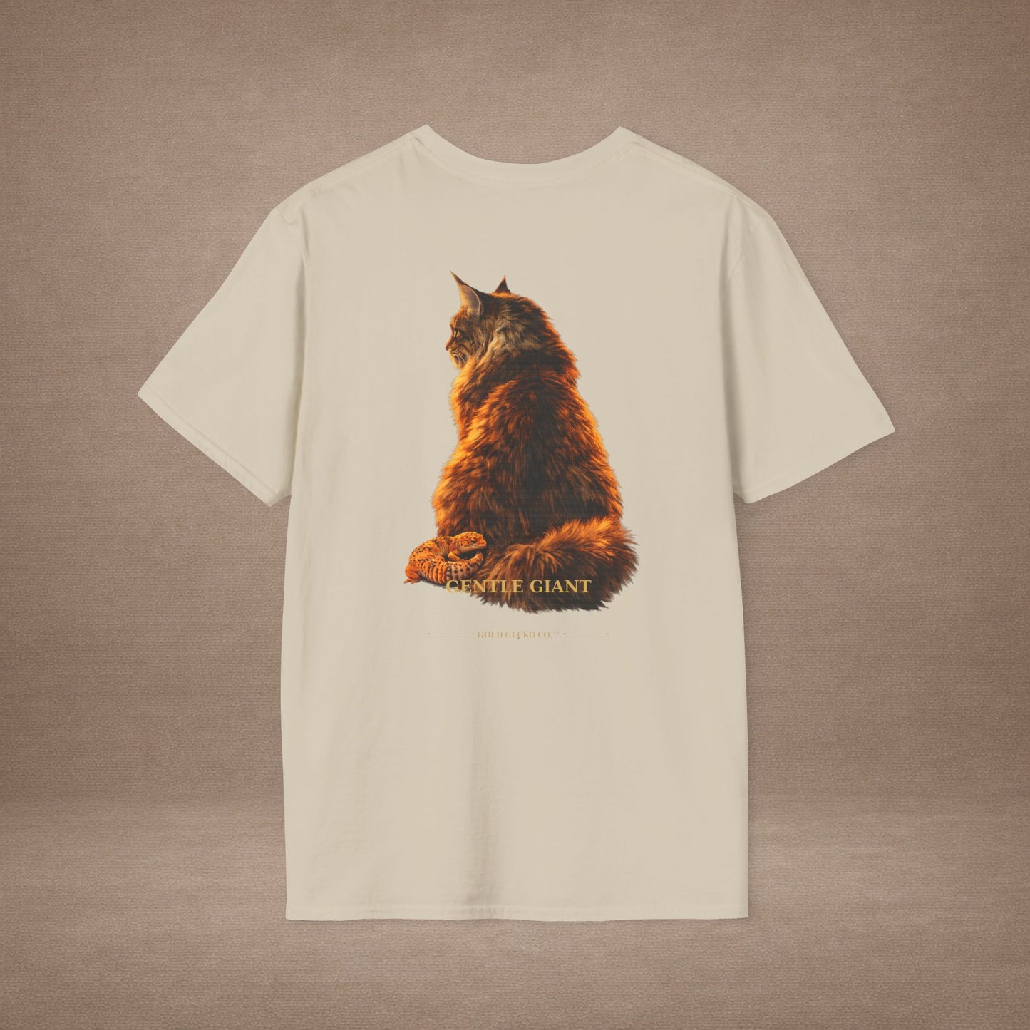 Maine Coon — Gentle Giant — photoreal cat breed portraits paired with tiny gecko compani. Gold Gecko Co. Cats & Geckos collection.